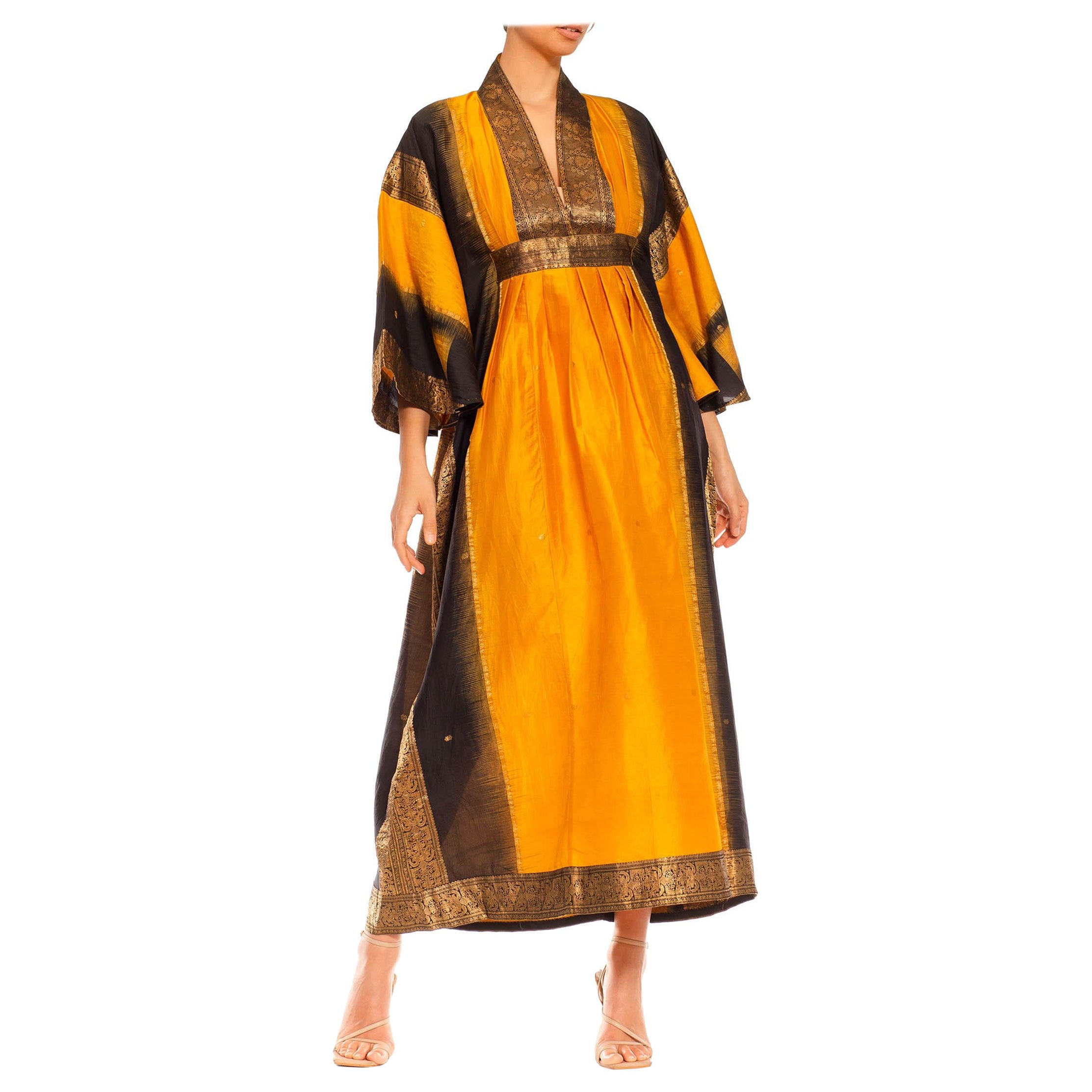 Morphew Collection Saffron, Black & Gold Silk Kaftan Made From Vintage Saris For Sale