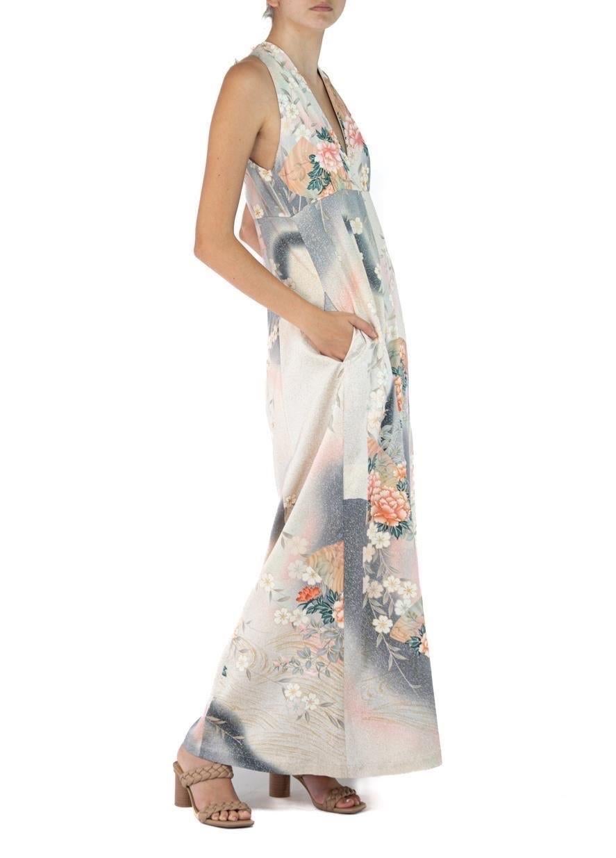 Morphew Collection Salmon Pink Grey Japanese Kimono Silk M/L Jumpsuit For Sale 1