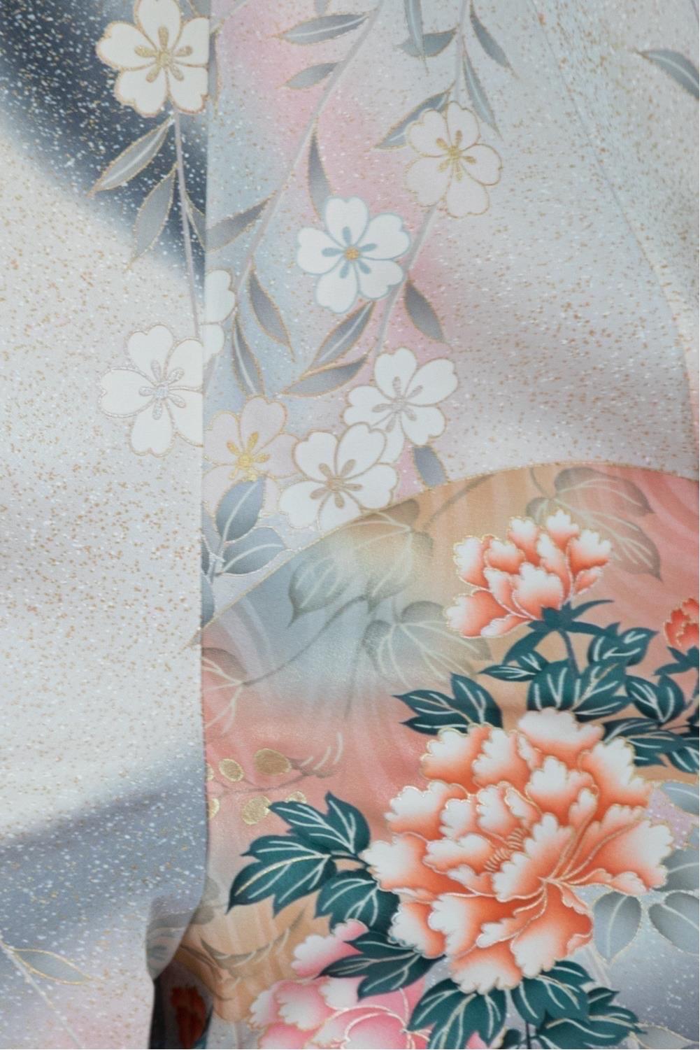Morphew Kollektion Lachsrosa Grau Japanischer Kimono Seide M/L Jumpsuit im Angebot 4