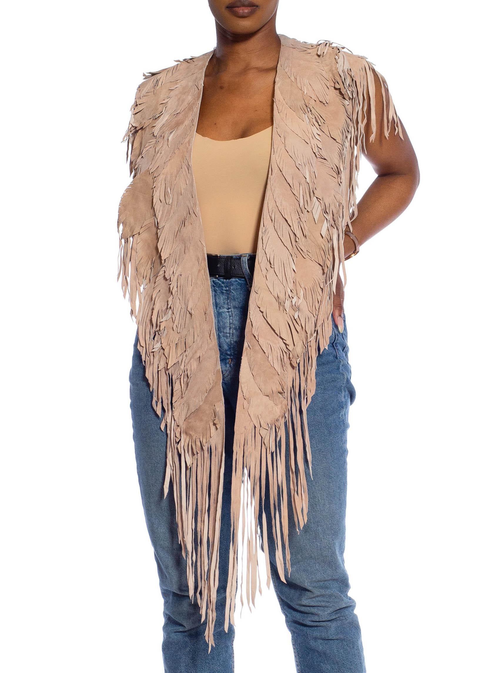 MORPHEW COLLECTION Sand Piper Suede Fringe Feather Leather Long Cape For Sale 5
