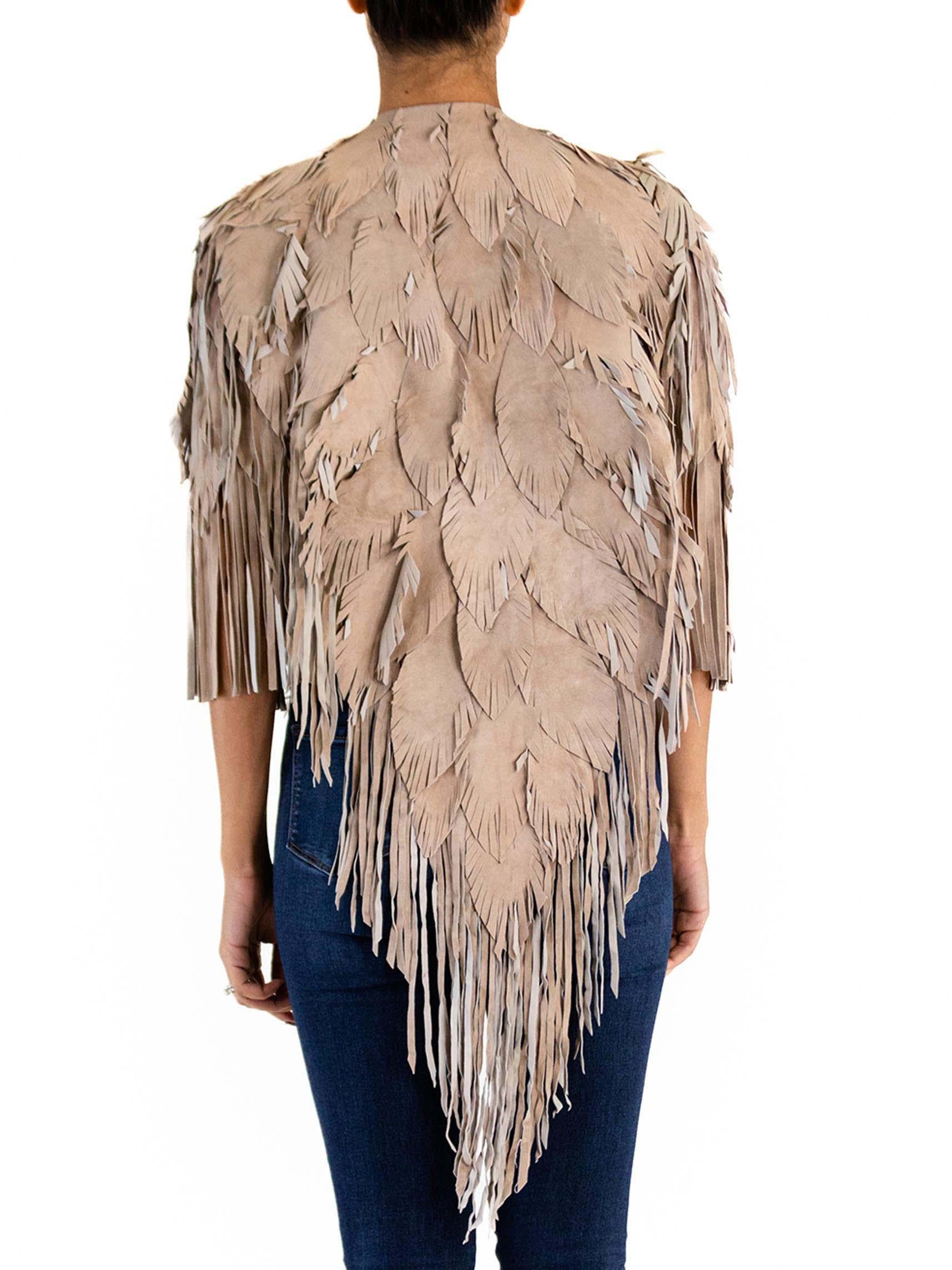 Morphew Collection Sand Piper Suede Fringe Feather Leather Long Cape For Sale 5