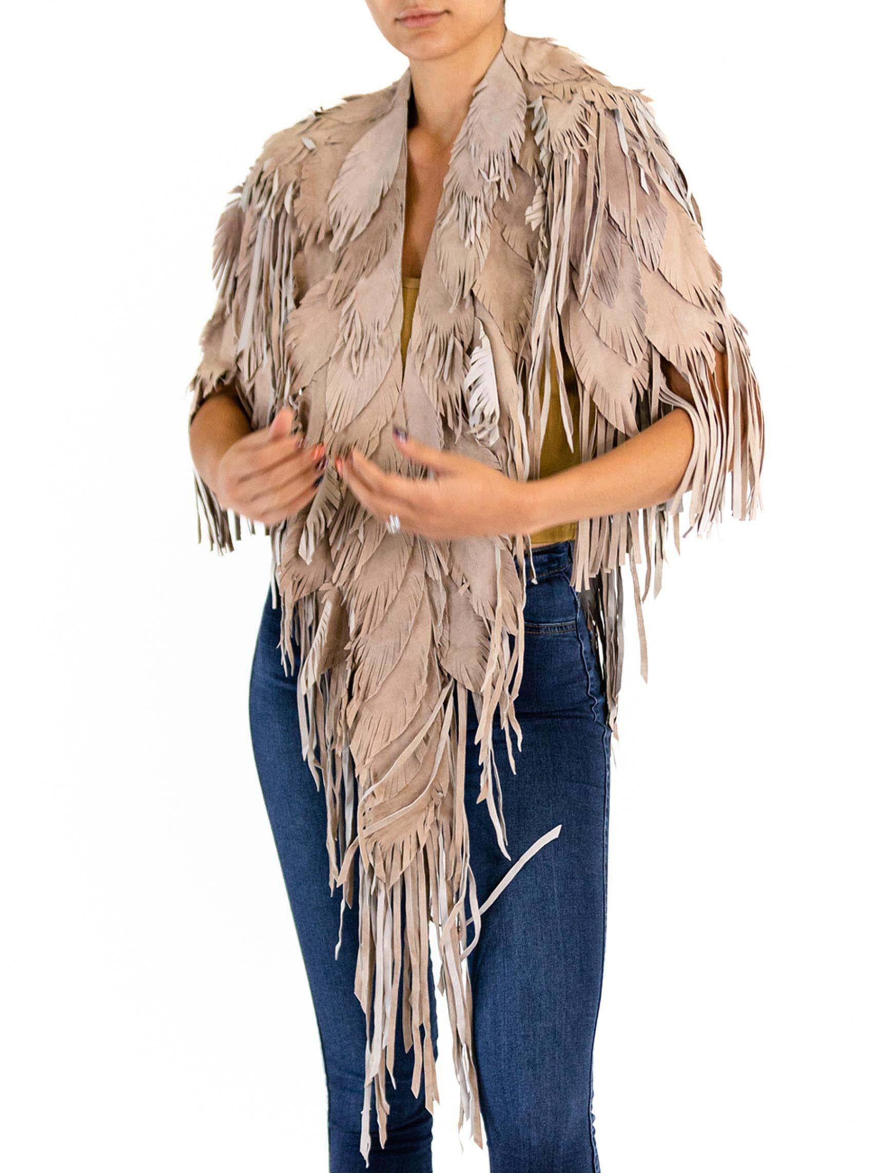 Morphew Collection Sand Piper Suede Fringe Feather Leather Long Cape In Excellent Condition For Sale In New York, NY