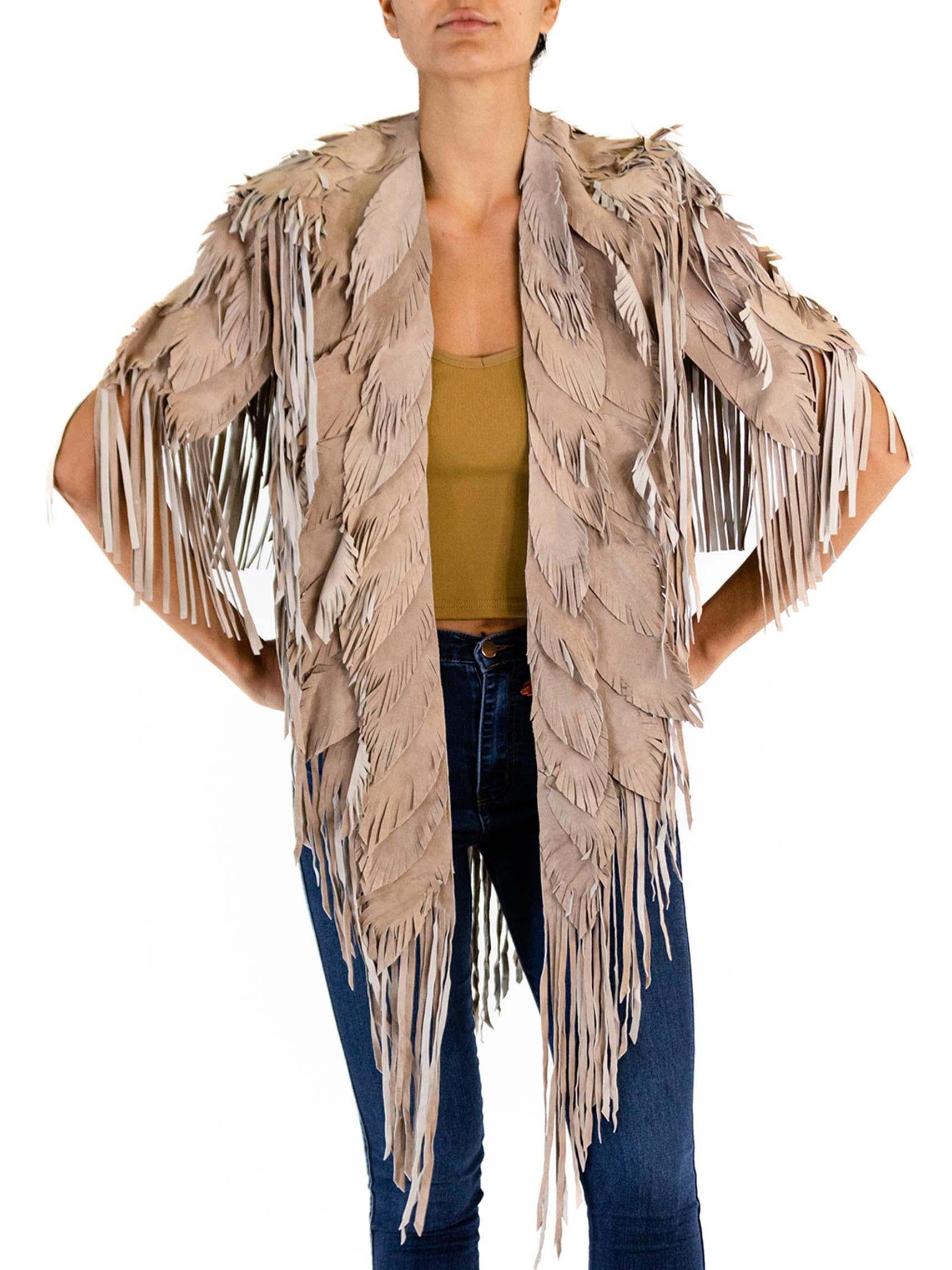 Women's or Men's Morphew Collection Sand Piper Suede Fringe Feather Leather Long Cape For Sale