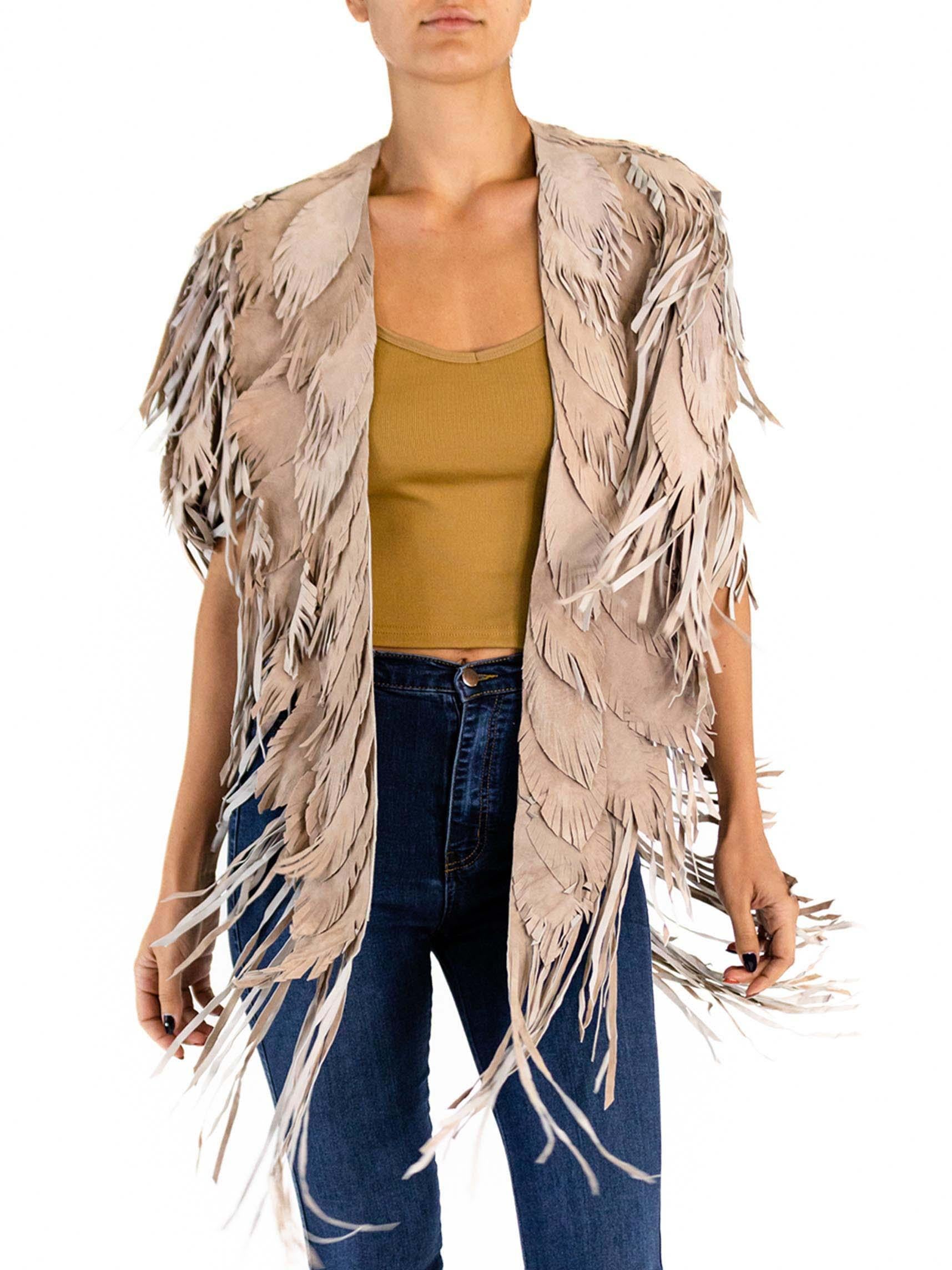 Morphew Collection Sand Piper Suede Fringe Feather Leather Long Cape For Sale 1