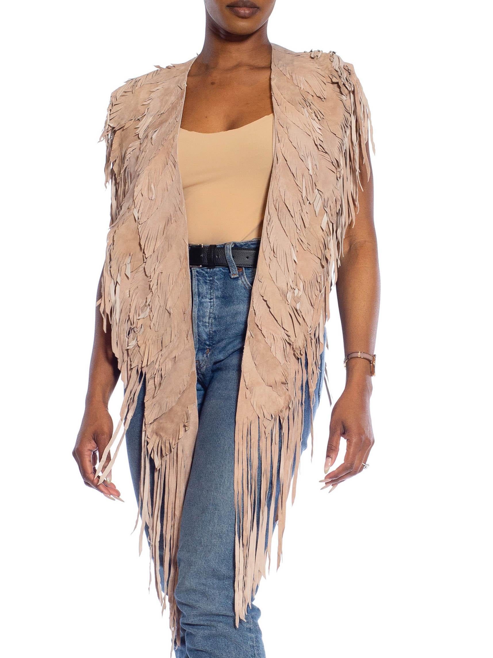 MORPHEW COLLECTION Sand Piper Suede Fringe Feather Leather Long Cape For Sale 2