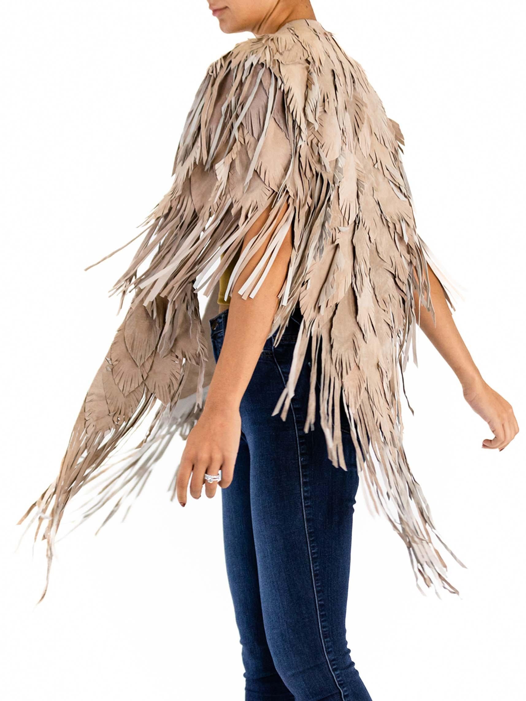 Morphew Collection Sand Piper Suede Fringe Feather Leather Long Cape For Sale 3