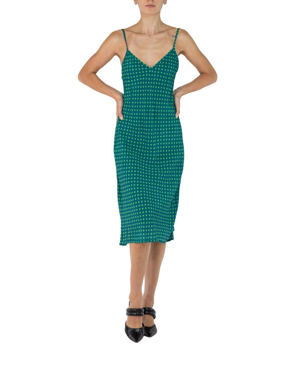 Morphew Collection Sea Green Polka Dot Novelty Print Cold Rayon Bias  Slip Dress For Sale 1