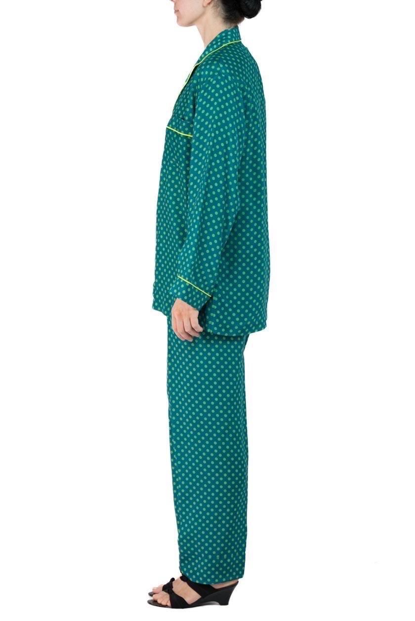 Morphew Collection Sea Green Polka Dot Print Cold Rayon Bias Draw String Pajamas In Excellent Condition For Sale In New York, NY