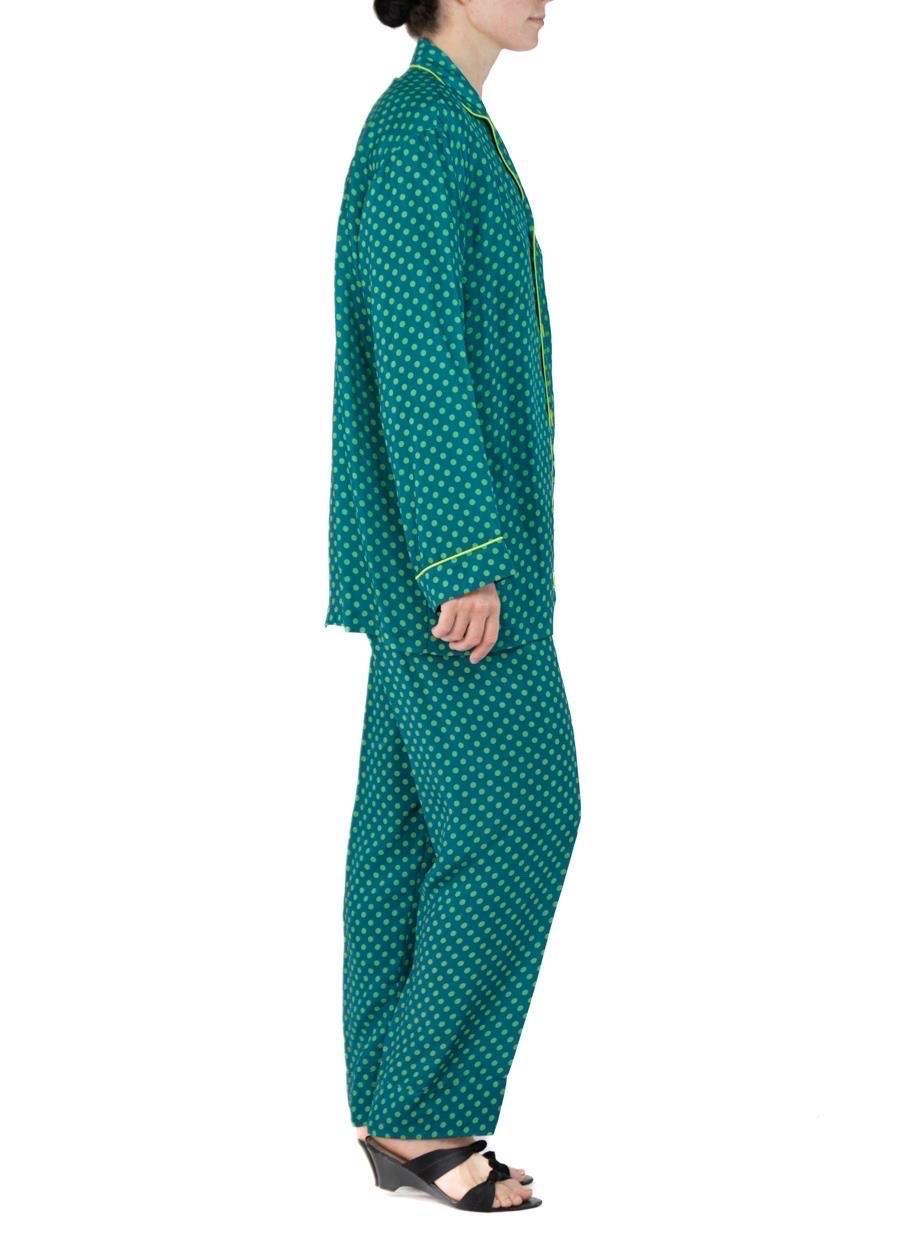 Women's or Men's Morphew Collection Sea Green Polka Dot Print Cold Rayon Bias Draw String Pajamas For Sale
