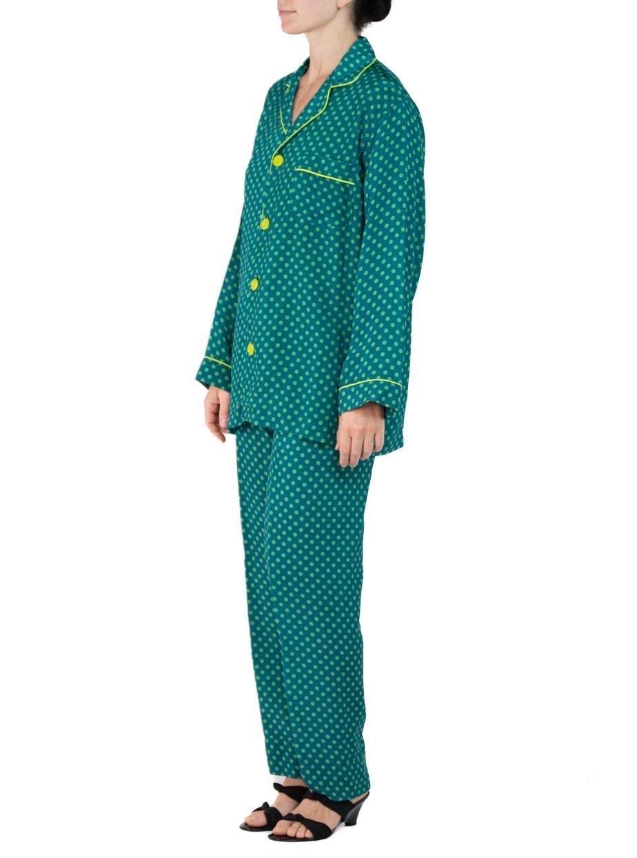 Morphew Collection Sea Green Polka Dot Print Cold Rayon Bias Draw String Pajamas For Sale 1