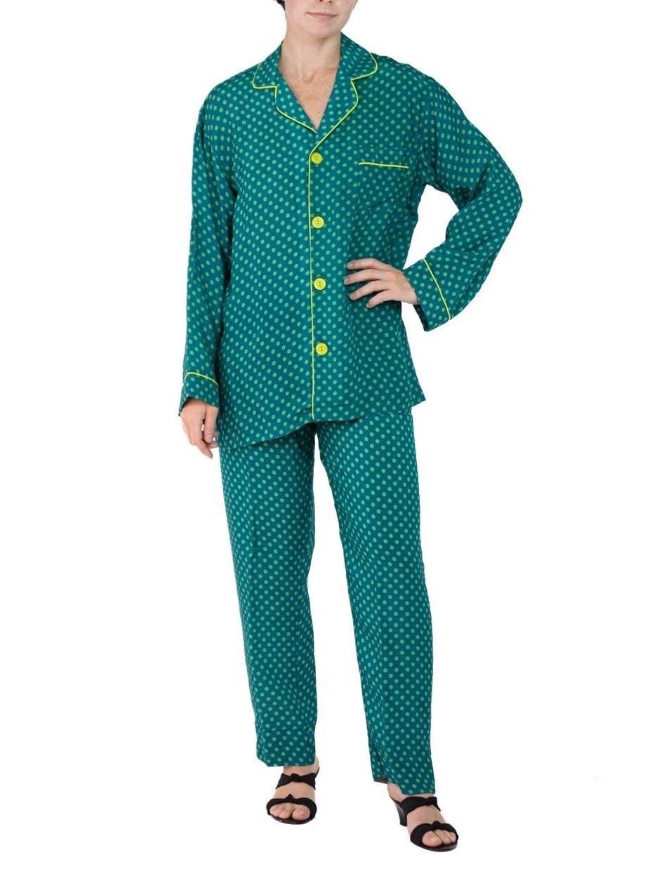 Morphew Collection Sea Green Polka Dot Print Cold Rayon Bias Draw String Pajamas For Sale 2