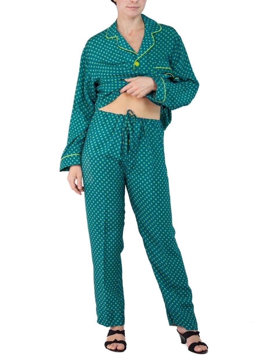 Morphew Collection Sea Green Polka Dot Print Cold Rayon Bias Draw String Pajamas For Sale 4