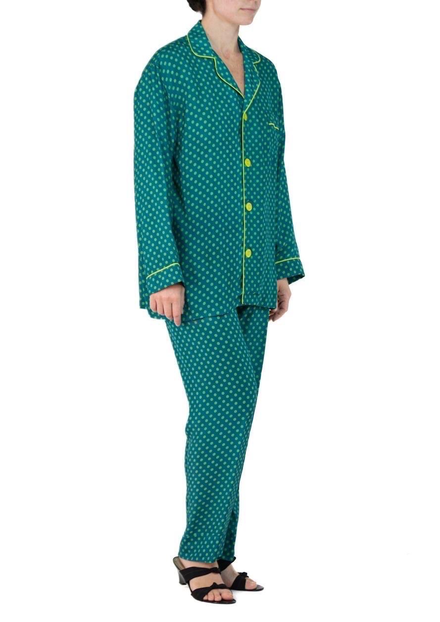Morphew Collection Sea Green Polka Dot Print Cold Rayon Bias Draw String Pajamas For Sale 5