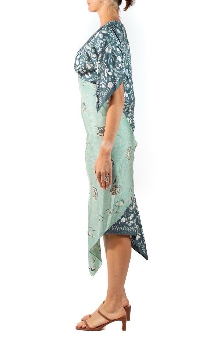 Morphew Collection Seafoam Green & Blue Silk Twill 2-Scarf Dress In Excellent Condition For Sale In New York, NY