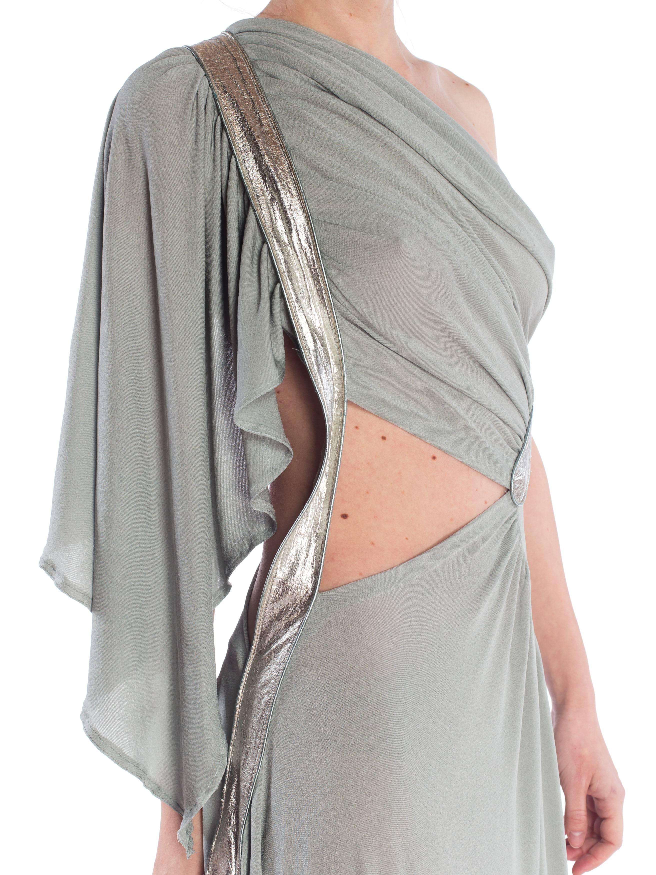 Gray MORPHEW COLLECTION Seafoam Grey Silk Jersey Draped Cut-Out Cocktail Dress