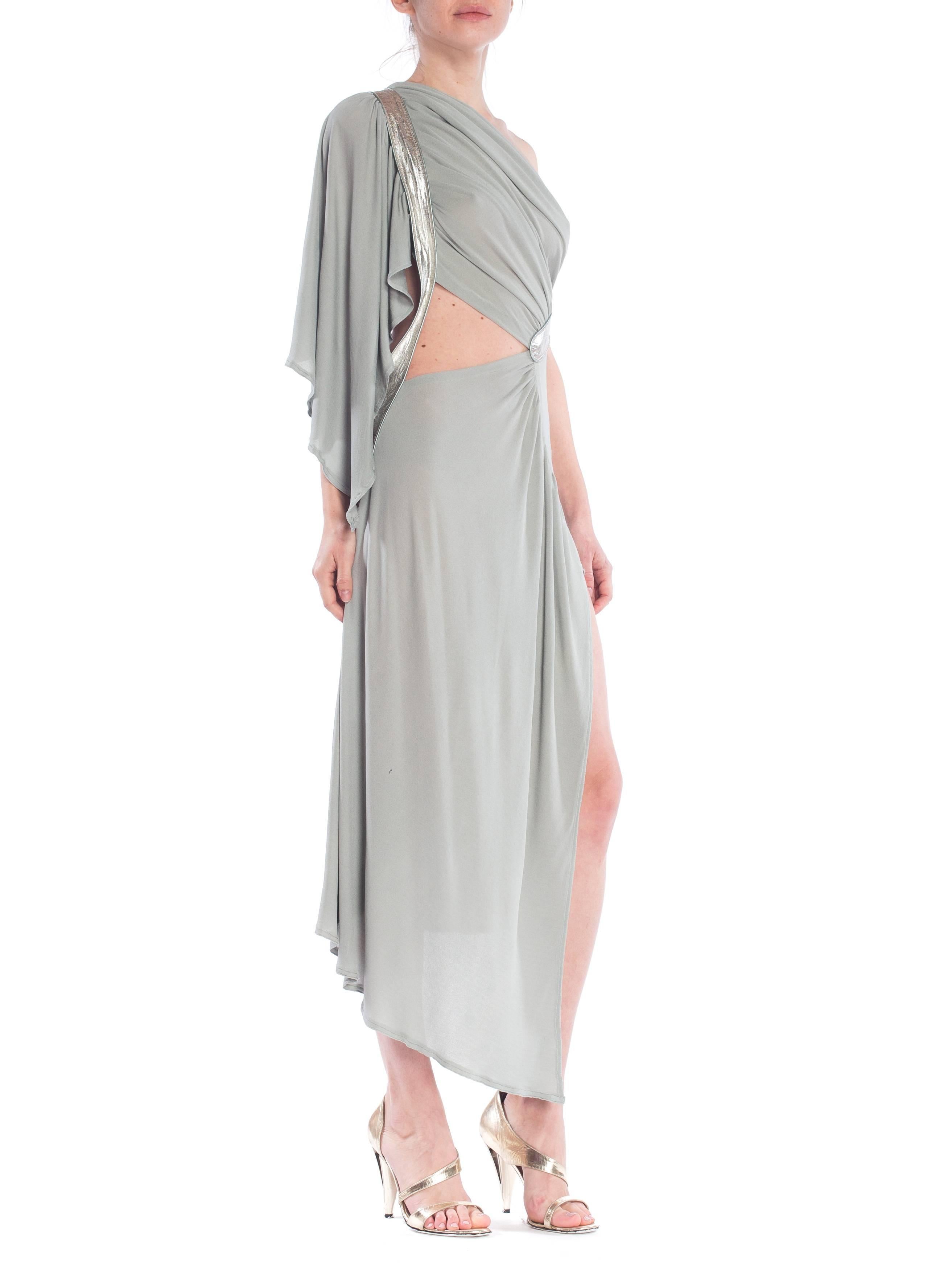 MORPHEW COLLECTION Seafoam Grey Silk Jersey Draped Cut-Out Cocktail Dress In Excellent Condition In New York, NY