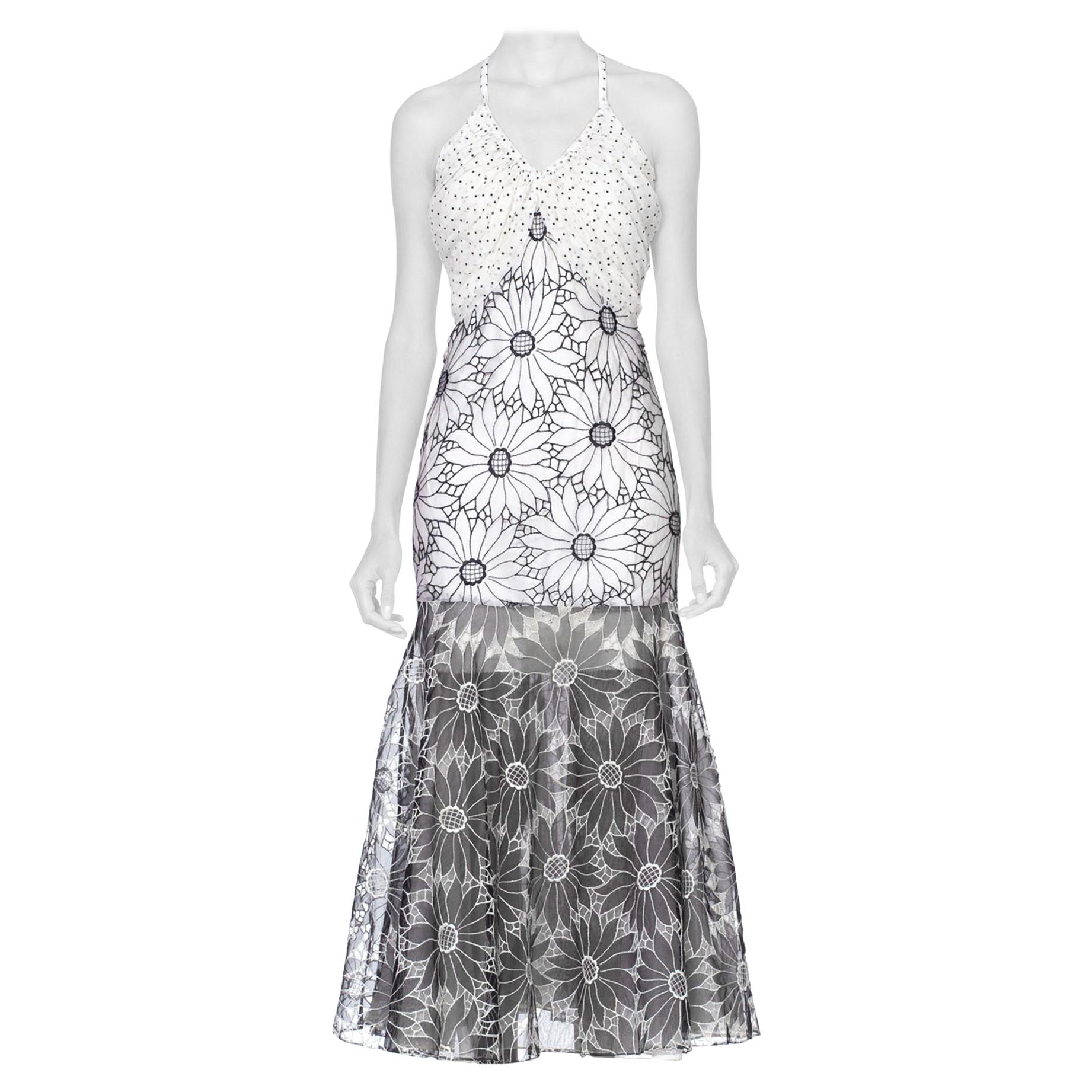 MORPHEW COLLECTION Black & White Silk Lined Gown Made From 1960'S Floral Daisy  For Sale
