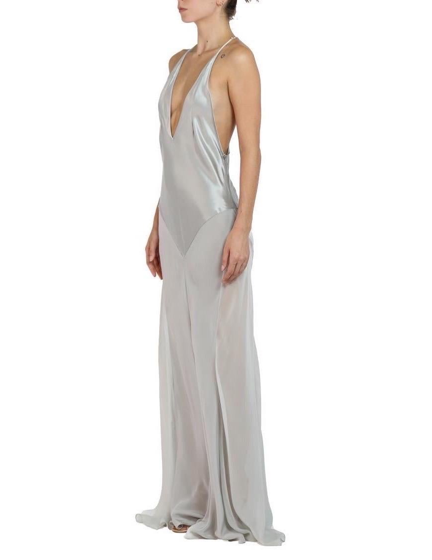 Morphew Collection Silver Silk Charmeuse Bias Cut Slip Gown In Excellent Condition For Sale In New York, NY