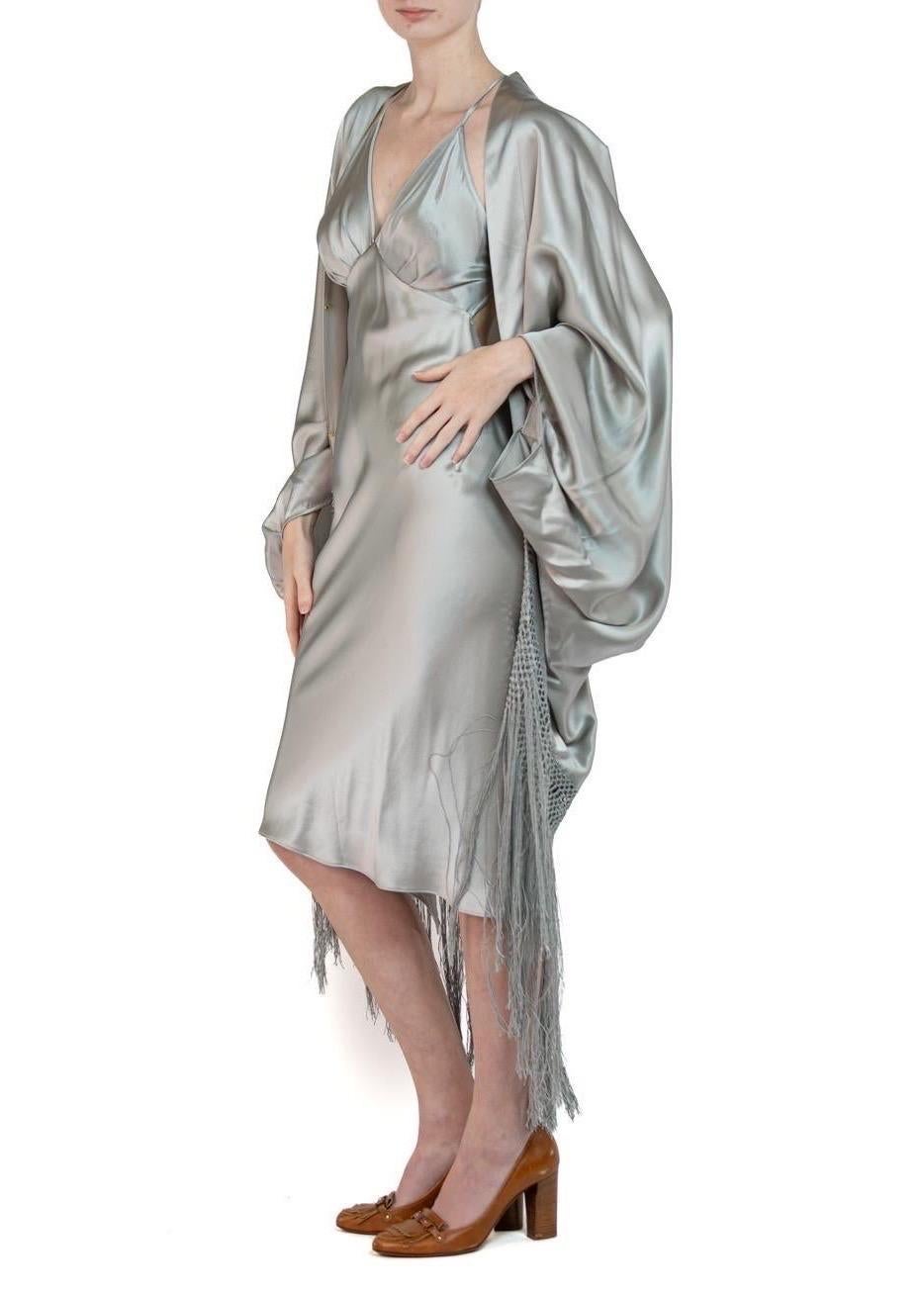 MORPHEW COLLECTION Silver Silk Charmeuse Cocoon With Fringe In Excellent Condition For Sale In New York, NY
