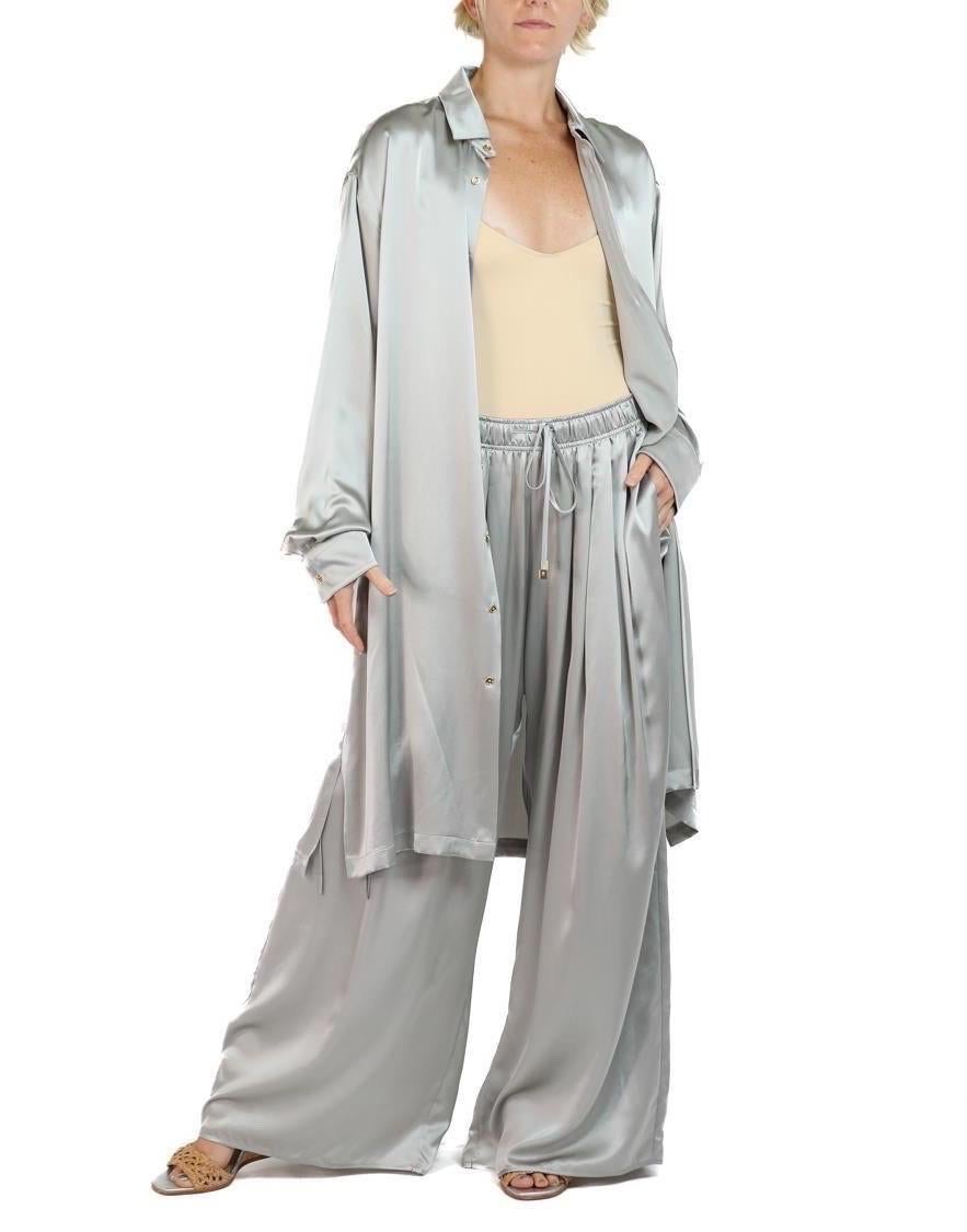Morphew Collection Silver Silk Charmeuse Oversized Button Down Shirt Dress For Sale 2