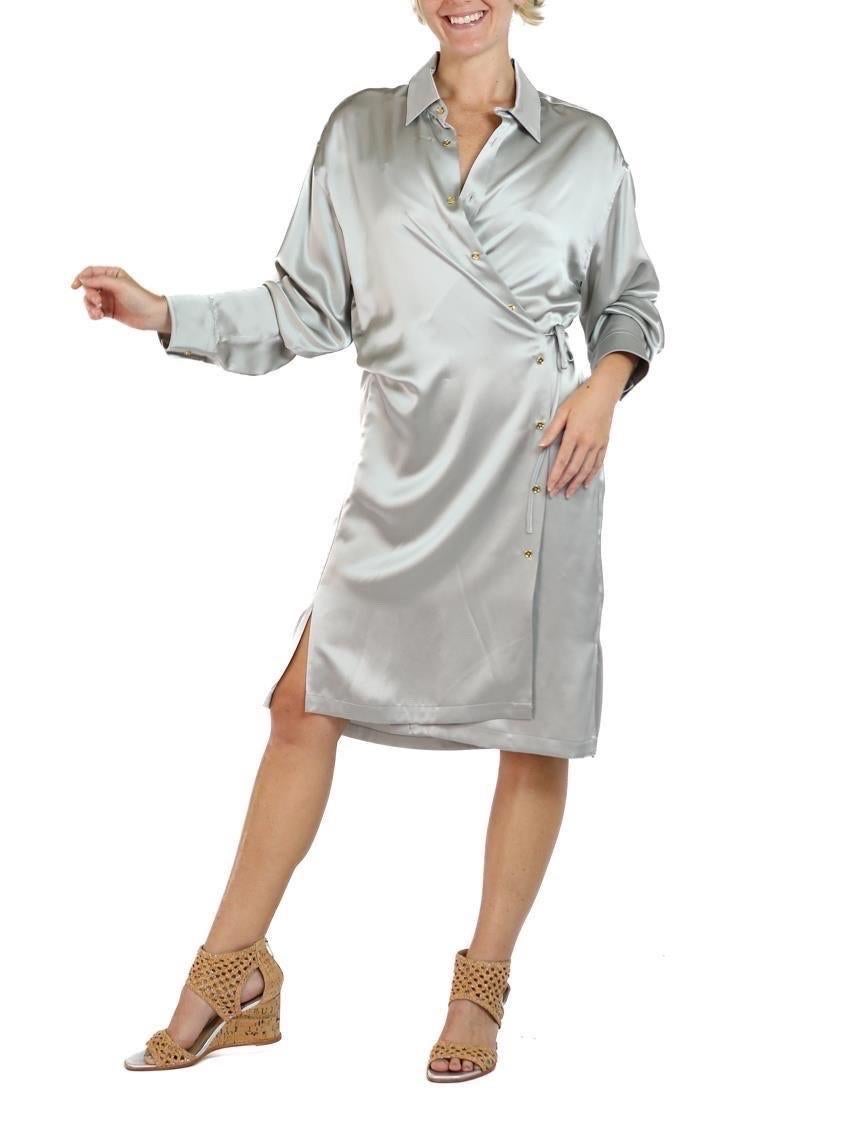 Morphew Collection Silver Silk Charmeuse Oversized Button Down Shirt Dress For Sale 3