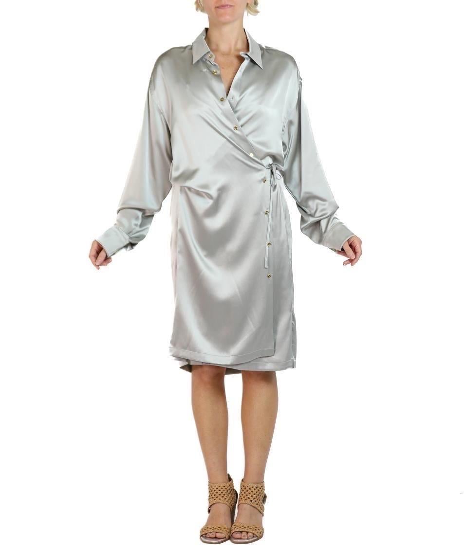 Morphew Collection Silver Silk Charmeuse Oversized Button Down Shirt Dress For Sale 4
