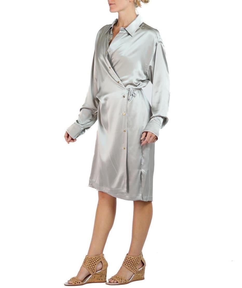 Morphew Collection Silver Silk Charmeuse Oversized Button Down Shirt Dress For Sale 5