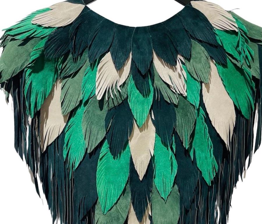 Morphew Collection St.Patricks Suede Fringe Feather Leather Cape In Excellent Condition For Sale In New York, NY