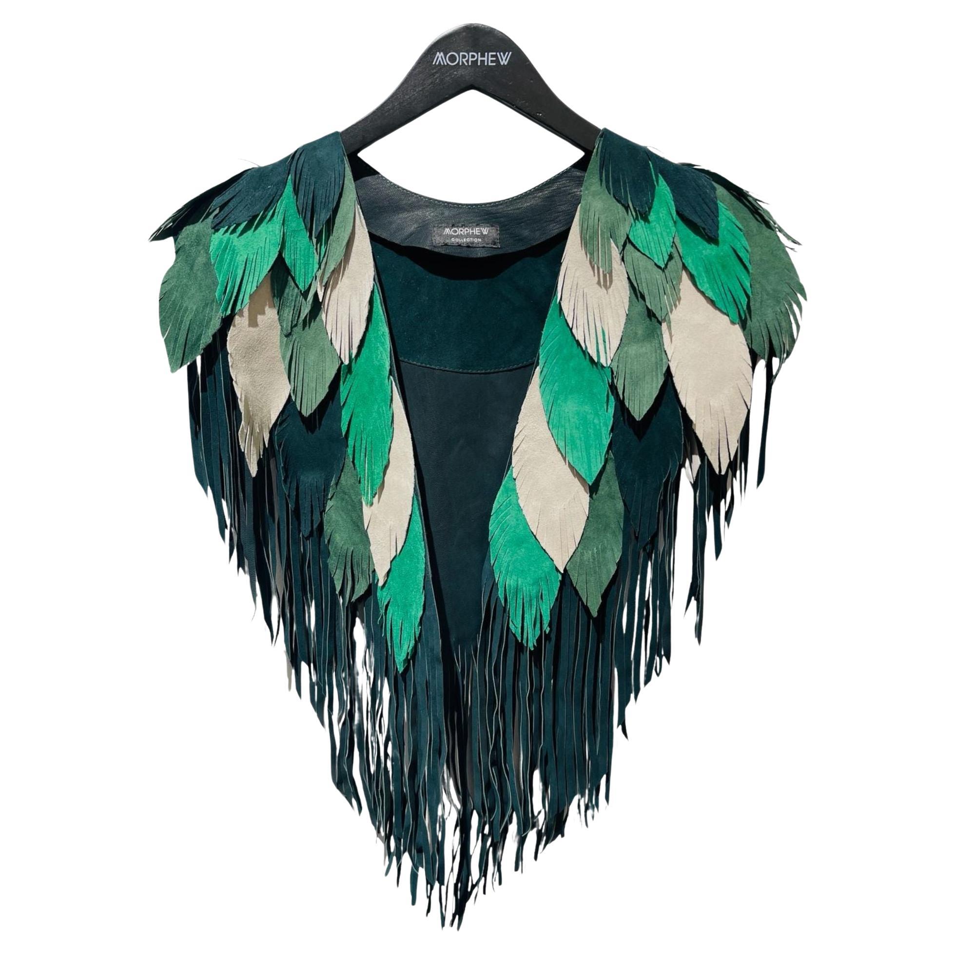 Morphew Collection St.Patricks Suede Fringe Feather Leather Cape For Sale