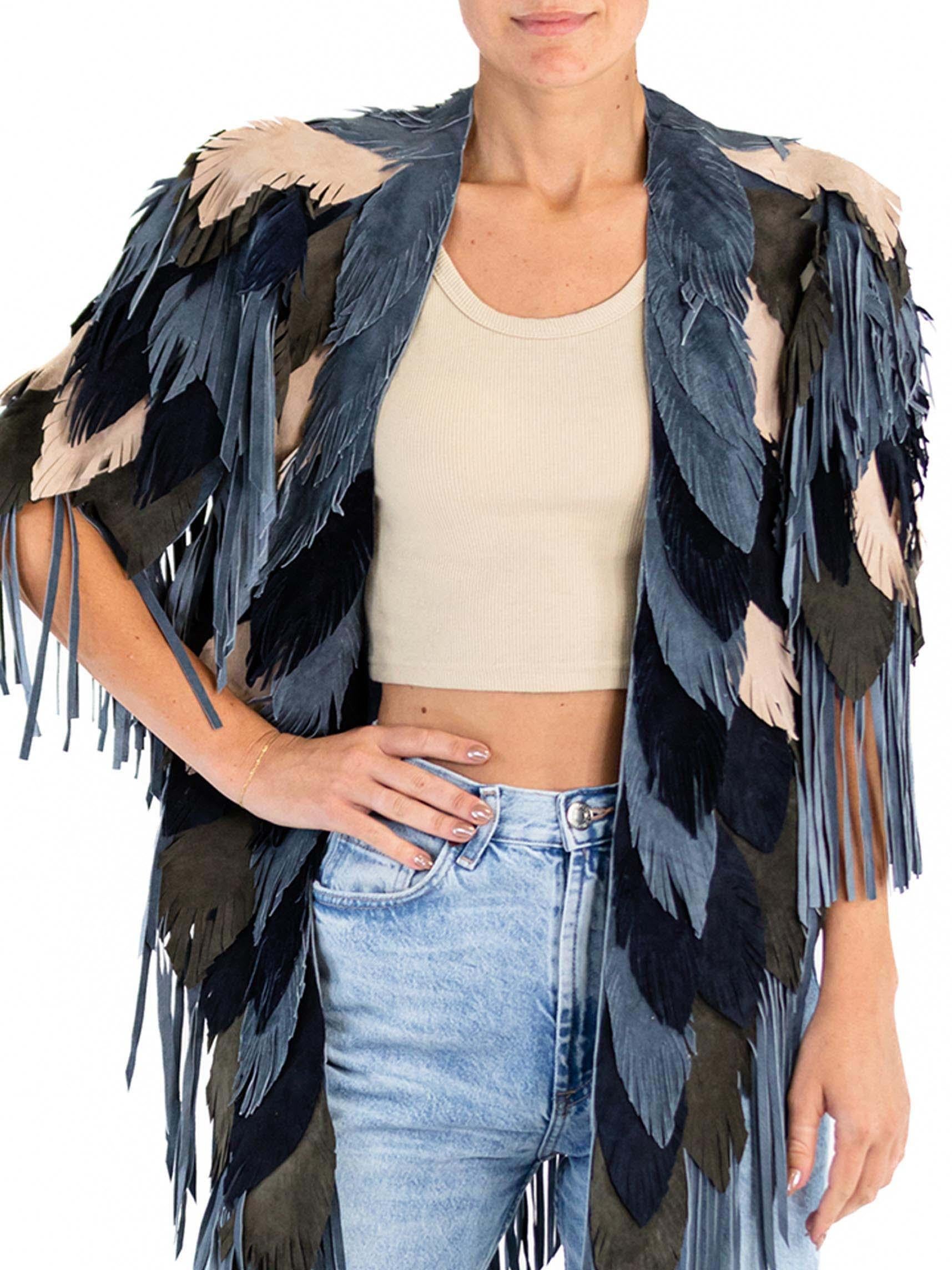 MORPHEW COLLECTION Suede Fringe Feather Leather Long Cape For Sale 3