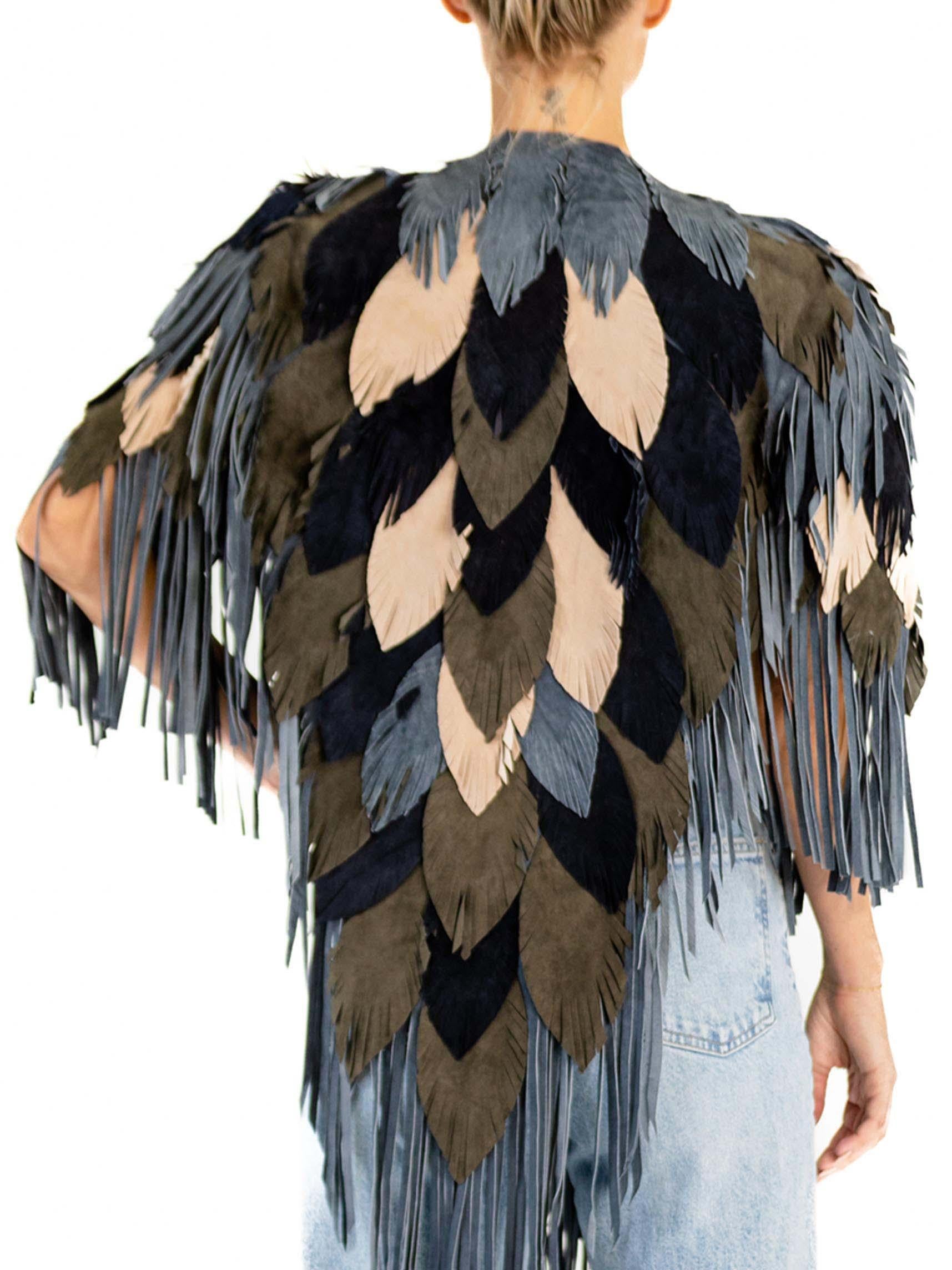 MORPHEW COLLECTION Suede Fringe Feather Leather Long Cape In Excellent Condition For Sale In New York, NY