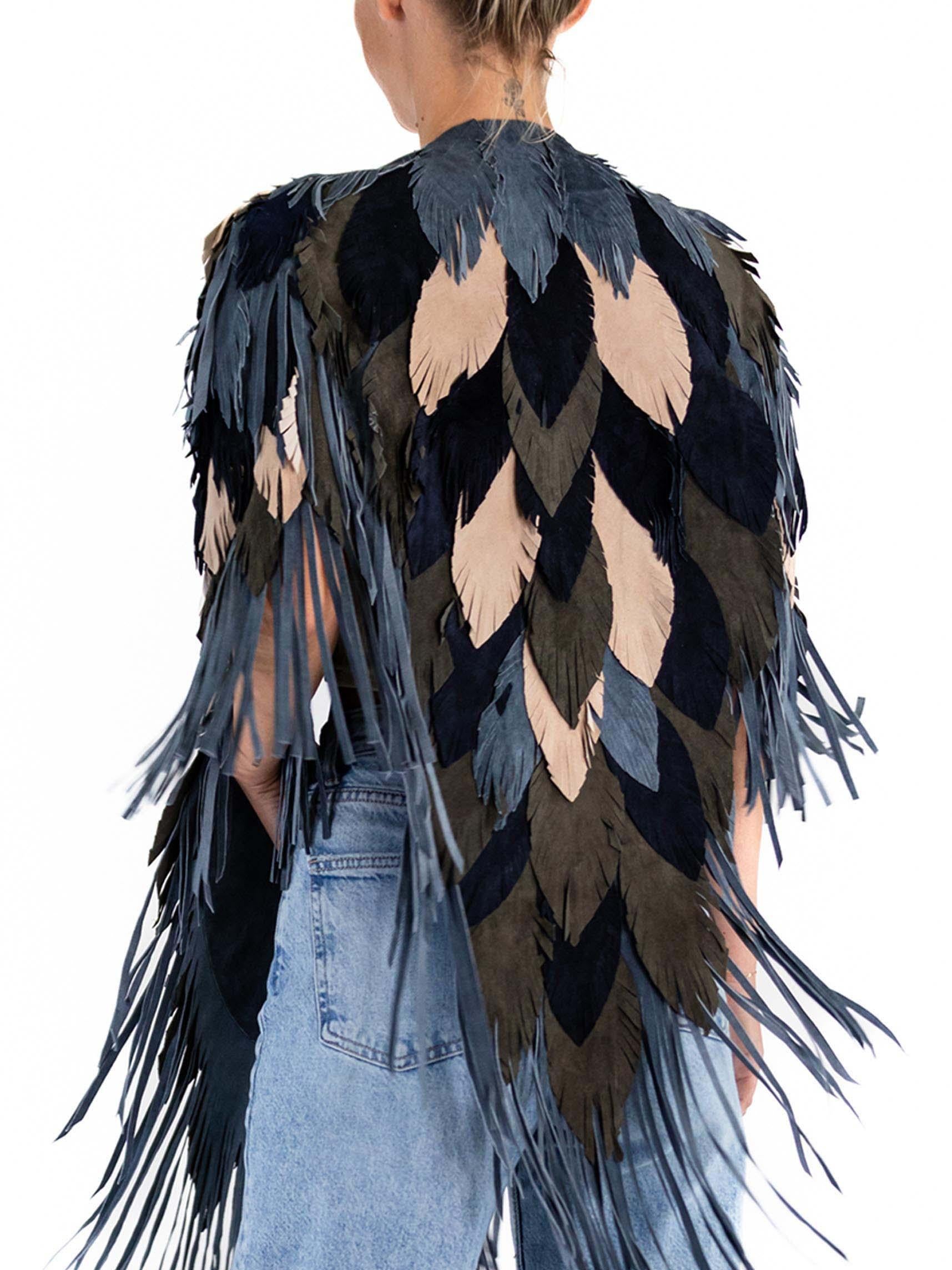 Women's or Men's MORPHEW COLLECTION Suede Fringe Feather Leather Long Cape For Sale