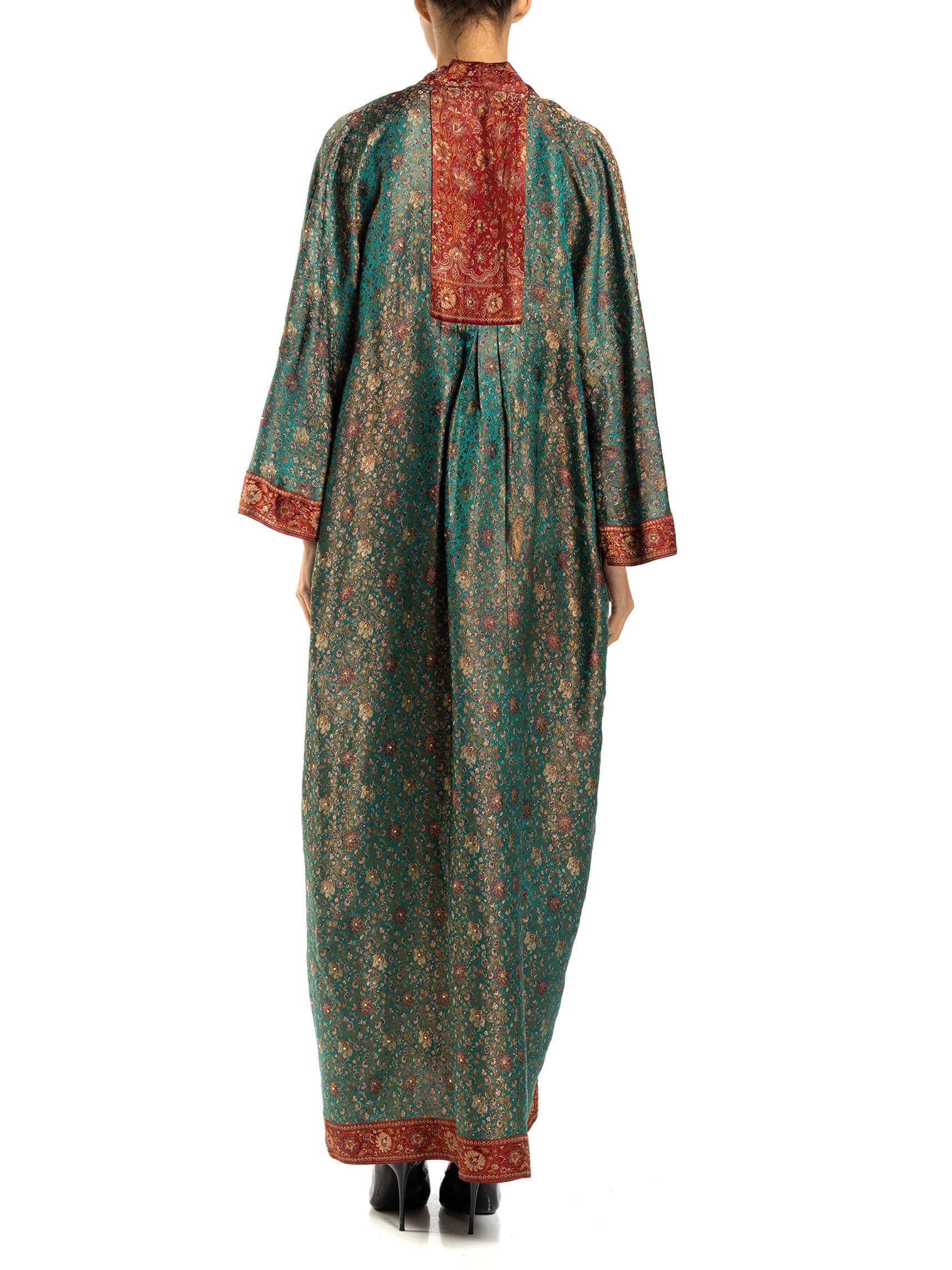 MORPHEW COLLECTION Teal & Burgundy Floral Silk Studded Kaftan Made From Vintage For Sale 6