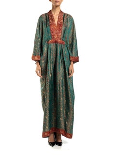 MORPHEW COLLECTION Teal & Burgundy Floral Silk Studded Kaftan Made From Vintage