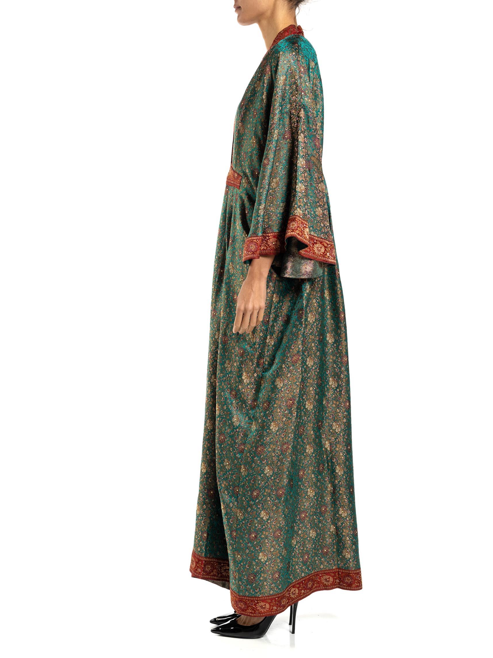 MORPHEW COLLECTION Teal & Burgundy Floral Silk Studded Kaftan Made From Vintage In Excellent Condition For Sale In New York, NY