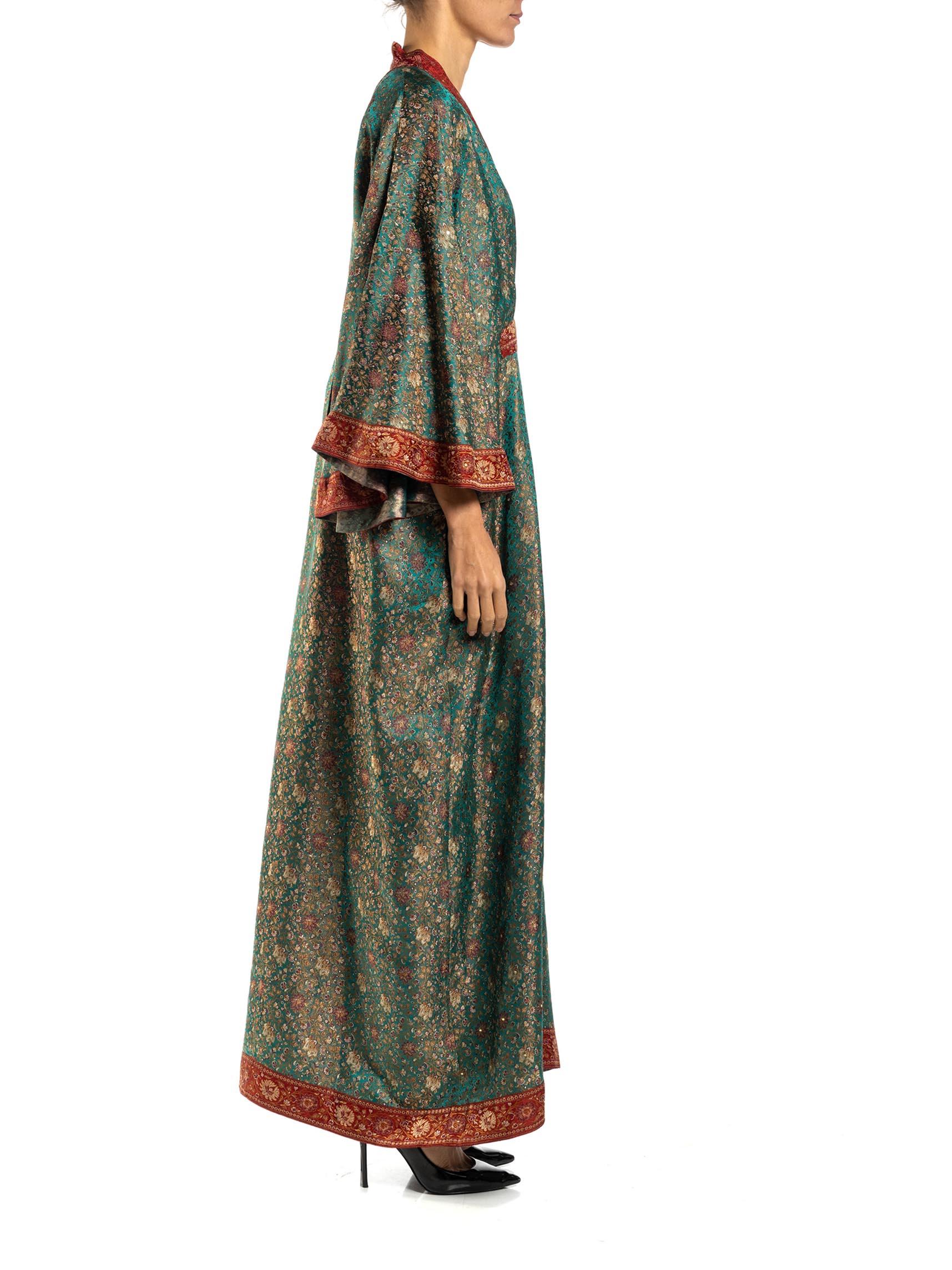 Women's MORPHEW COLLECTION Teal & Burgundy Floral Silk Studded Kaftan Made From Vintage For Sale
