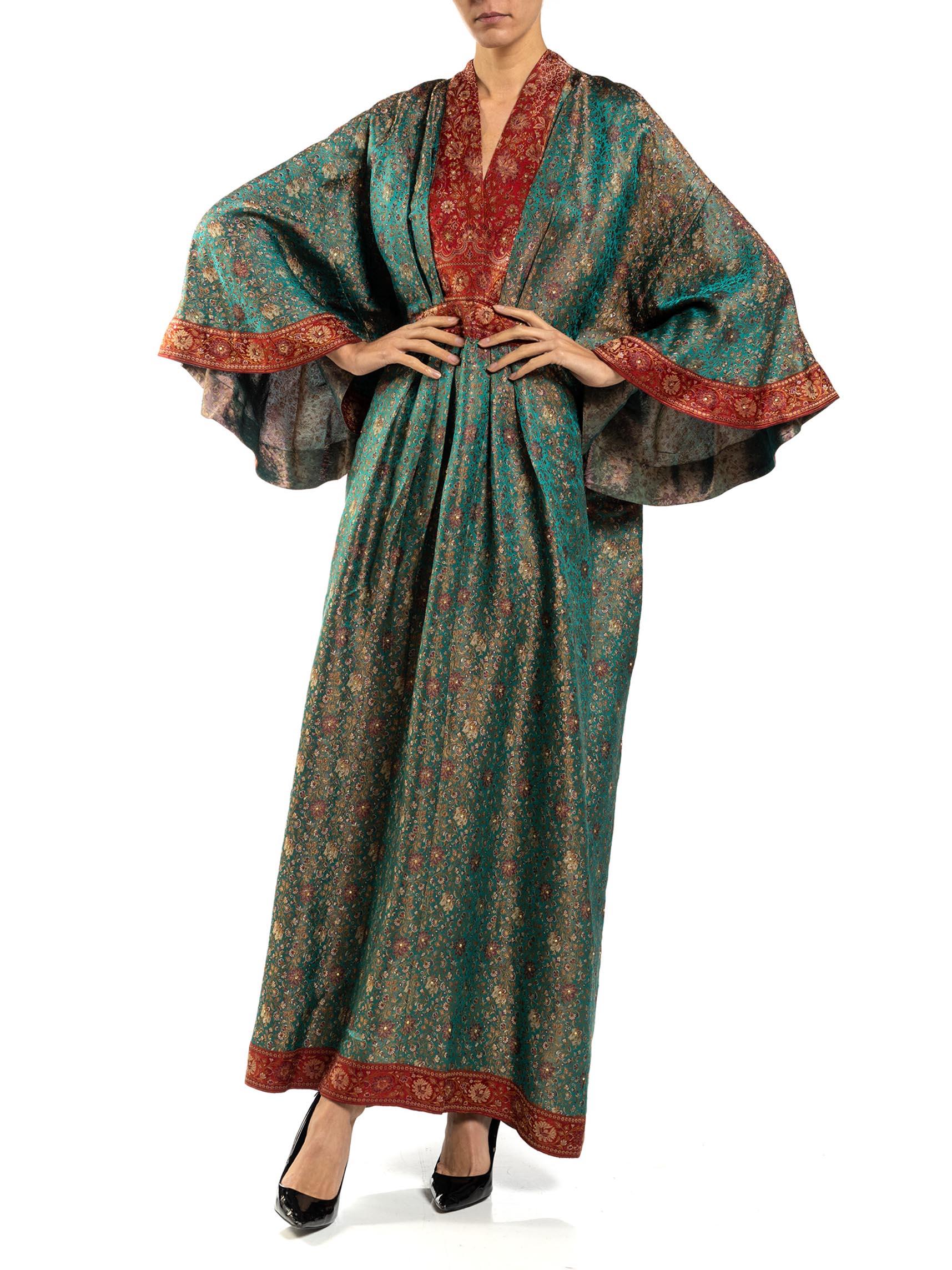 Women's MORPHEW COLLECTION Teal & Burgundy Floral Silk Studded Kaftan Made From Vintage For Sale