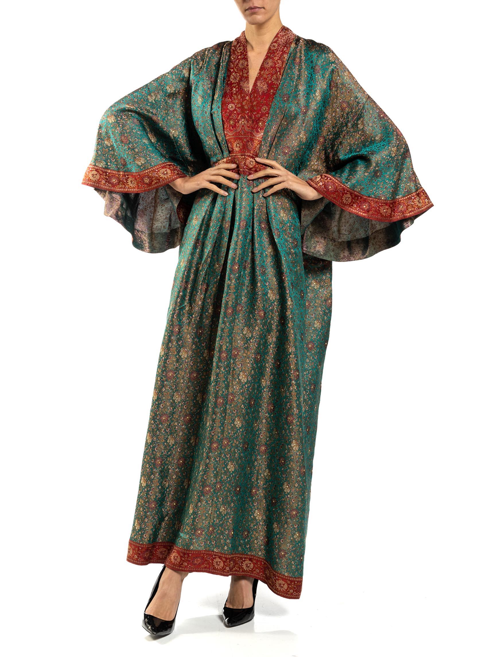 MORPHEW COLLECTION Teal & Burgundy Floral Silk Studded Kaftan Made From Vintage For Sale 1