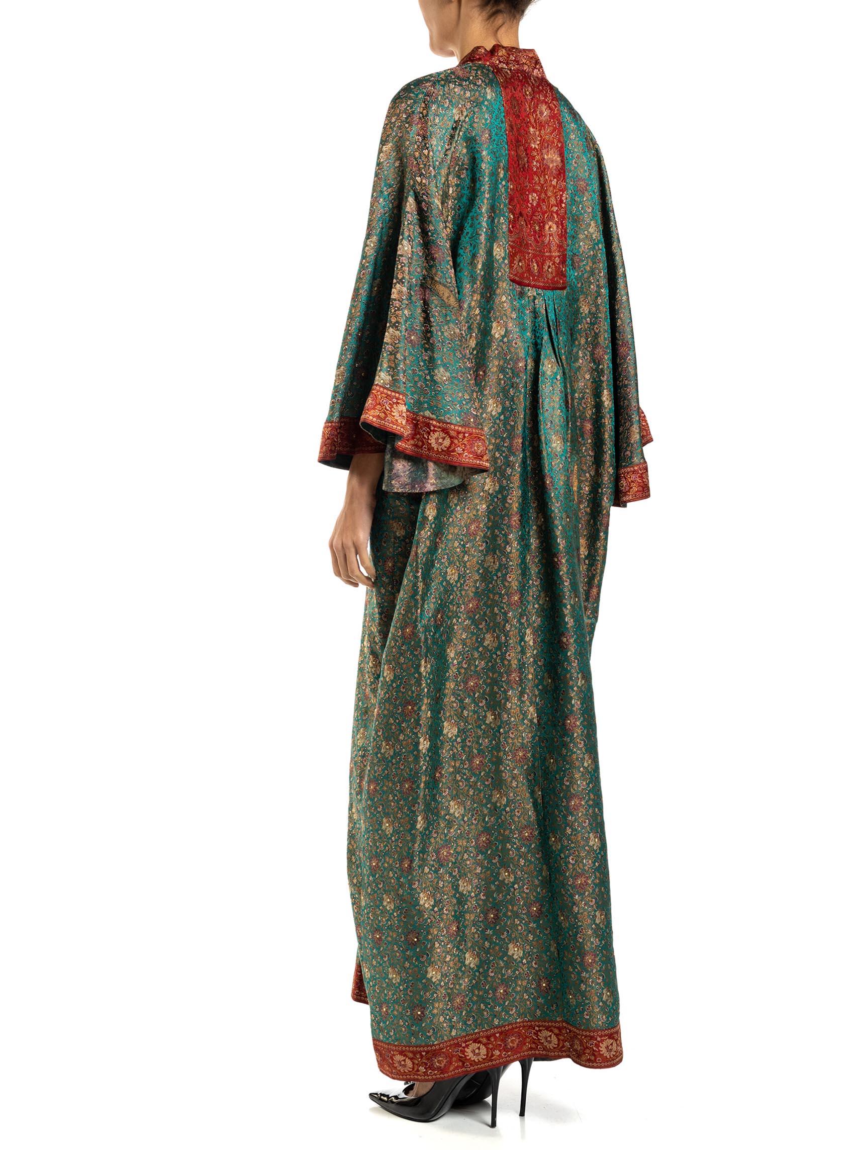 MORPHEW COLLECTION Teal & Burgundy Floral Silk Studded Kaftan Made From Vintage For Sale 2