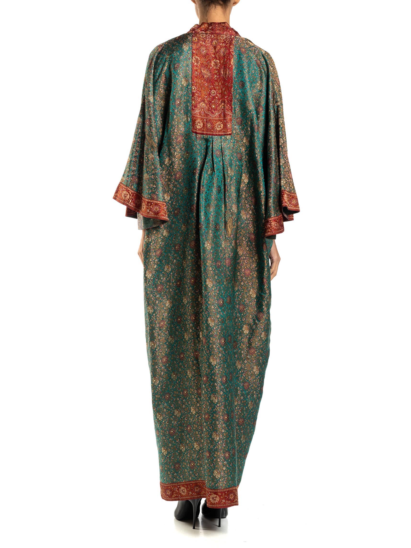 MORPHEW COLLECTION Teal & Burgundy Floral Silk Studded Kaftan Made From Vintage For Sale 3