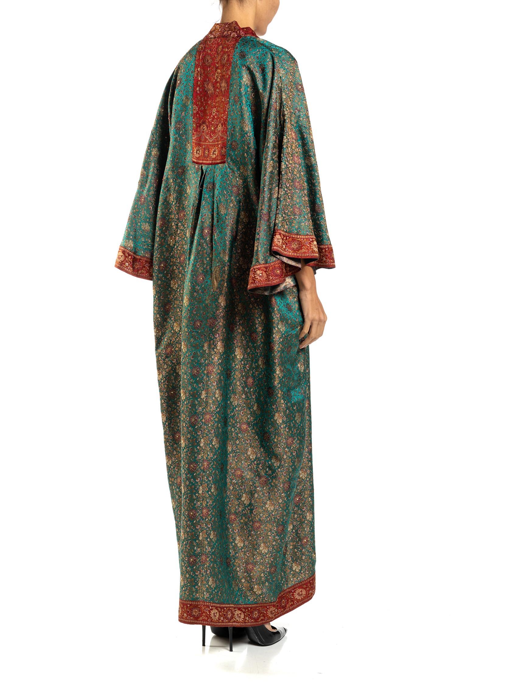 MORPHEW COLLECTION Teal & Burgundy Floral Silk Studded Kaftan Made From Vintage For Sale 4