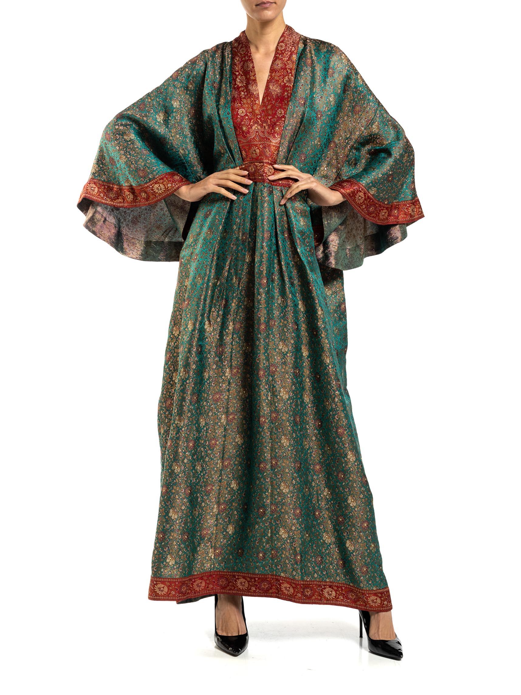 MORPHEW COLLECTION Teal & Burgundy Floral Silk Studded Kaftan Made From Vintage For Sale 5