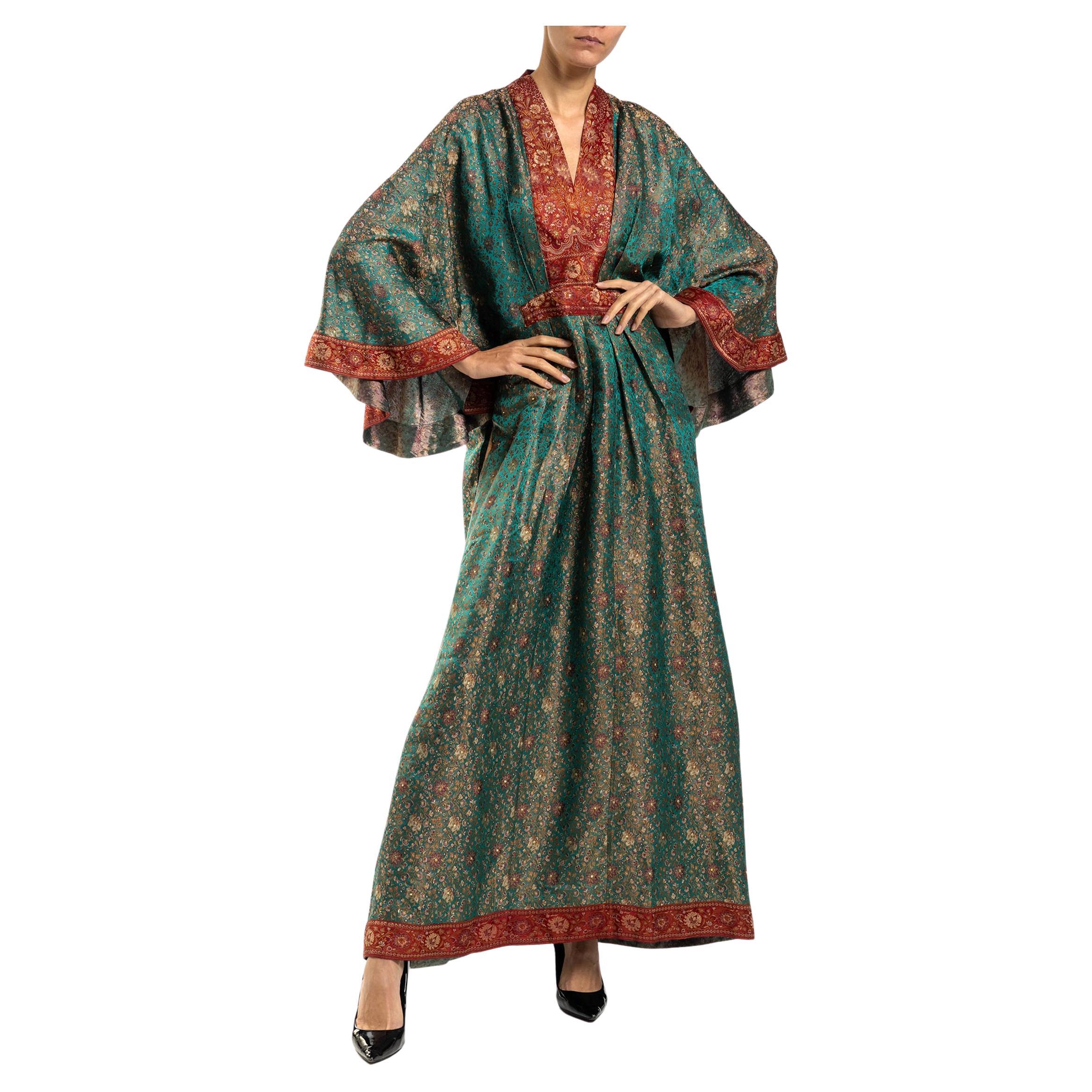 MORPHEW COLLECTION Teal & Burgundy Floral Silk Studded Kaftan Made From Vintage For Sale