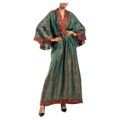 MORPHEW COLLECTION Teal & Burgundy Floral Silk Studded Kaftan Made From Vintage