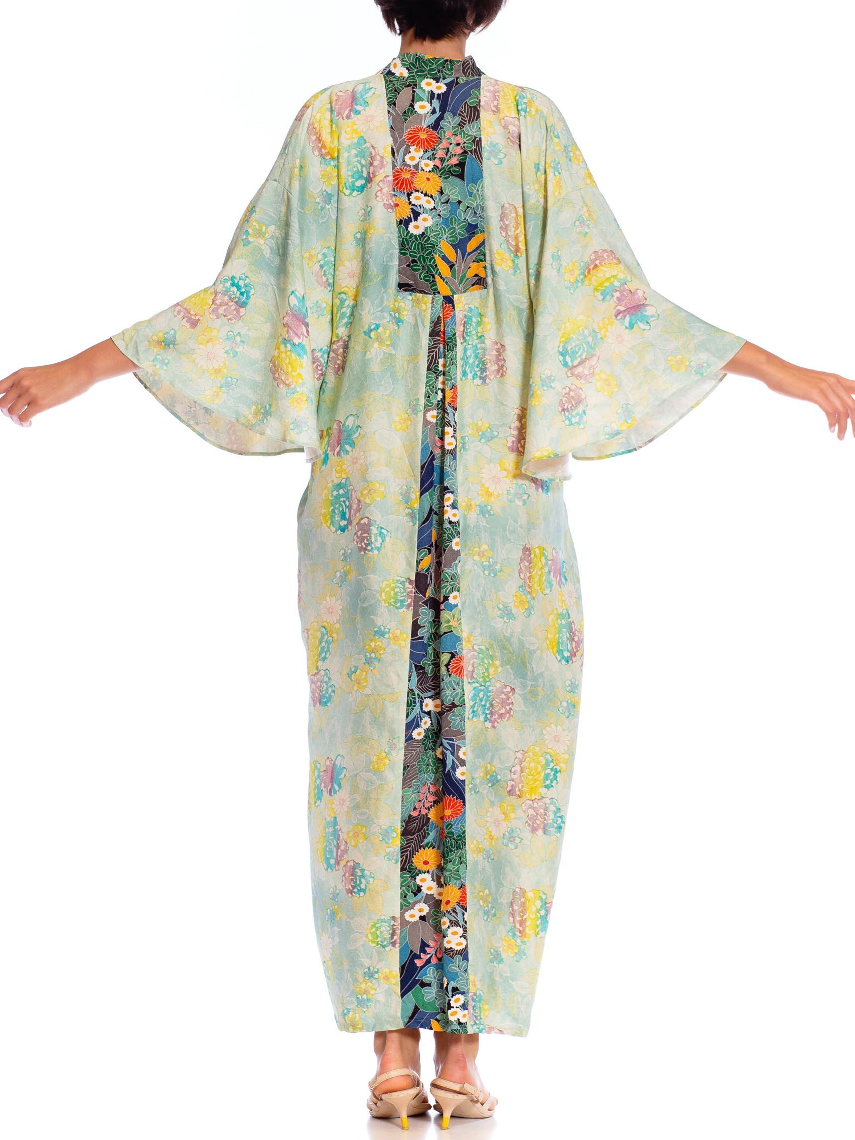 MORPHEW COLLECTION Teal Japanese Kimono Silk Floral Pattern Kaftan Dark Blue An For Sale 4