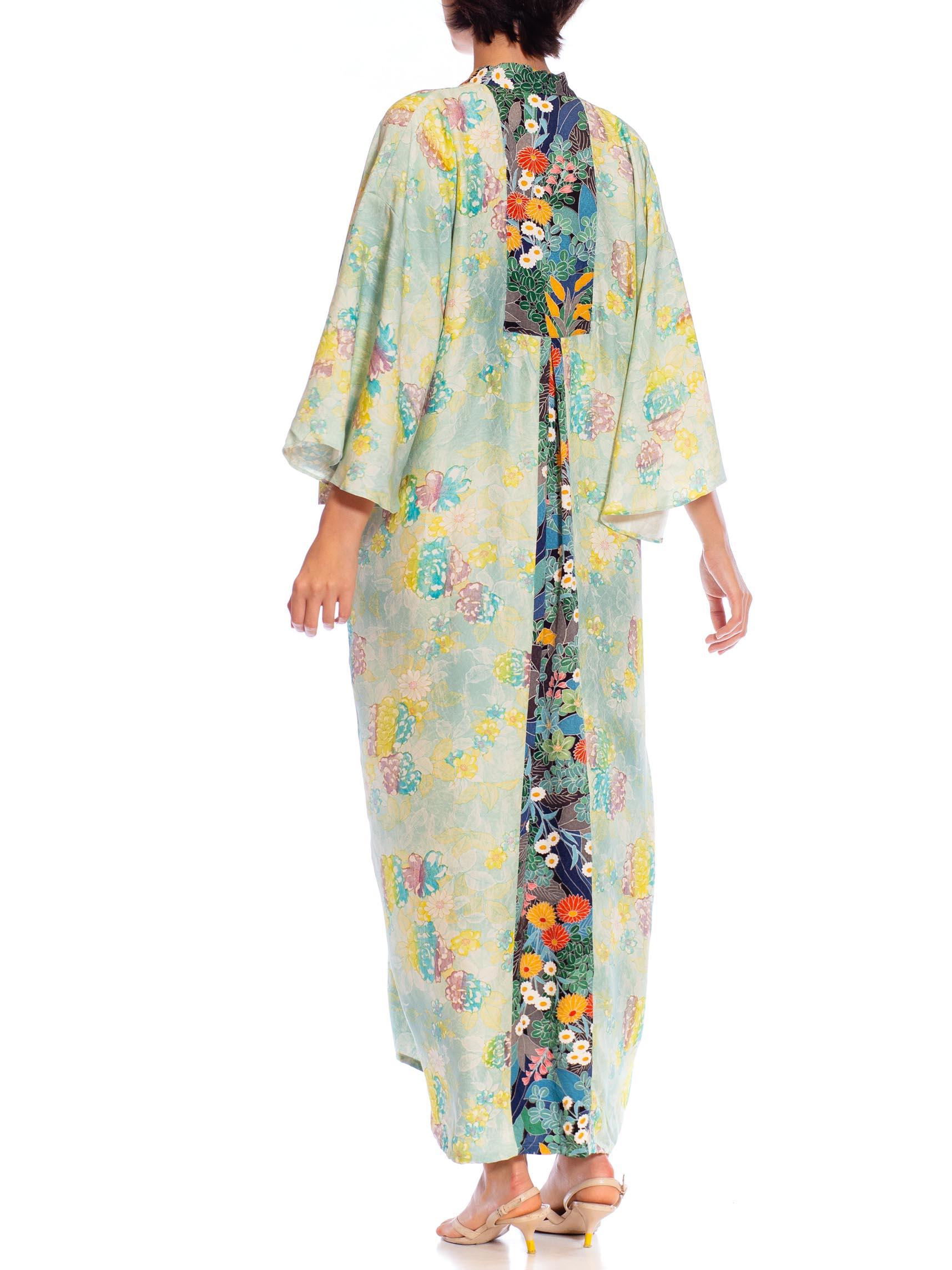 Women's MORPHEW COLLECTION Teal Japanese Kimono Silk Floral Pattern Kaftan Dark Blue An For Sale