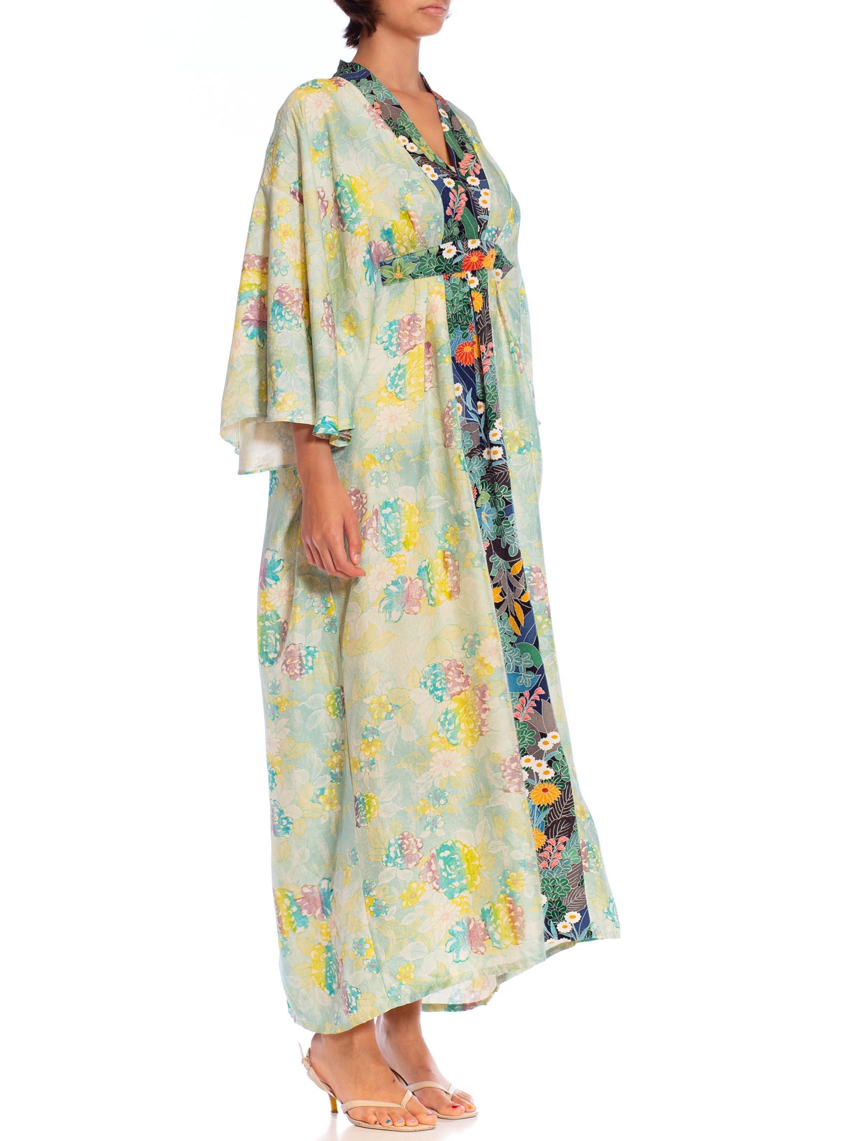 MORPHEW COLLECTION Teal Japanese Kimono Silk Floral Pattern Kaftan Dark Blue An For Sale 1
