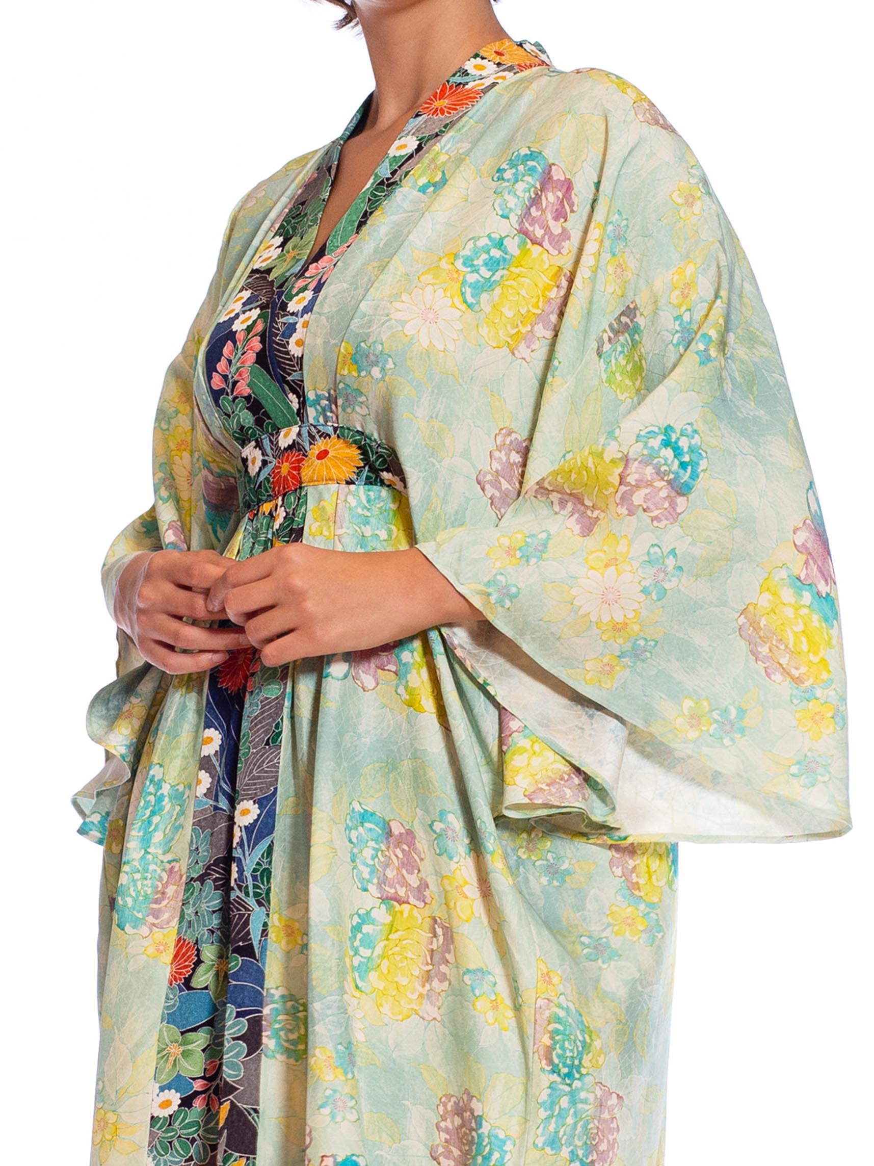 MORPHEW COLLECTION Teal Japanese Kimono Silk Floral Pattern Kaftan Dark Blue An For Sale 3