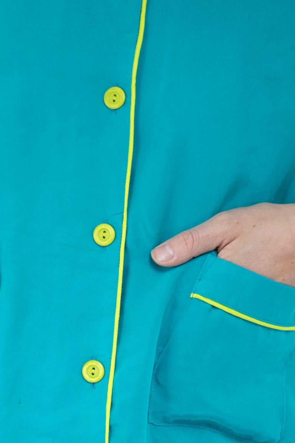 Morphew Collection Teal & Neon Yellow Trim Cold Rayon Bias Pajamas Master Medium For Sale 6