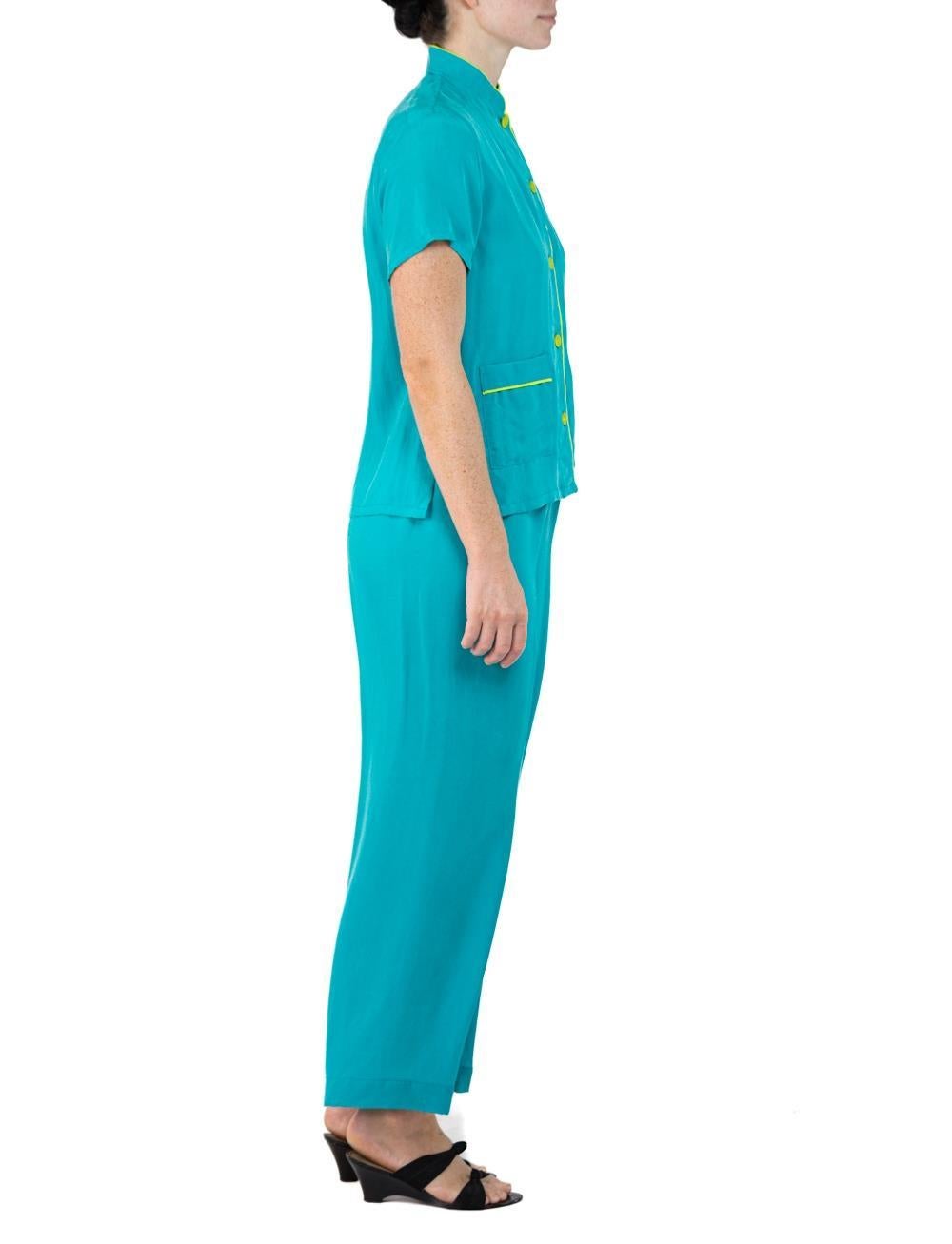 Morphew Collection Teal & Neon Yellow Trim Cold Rayon Bias Pajamas Master Medium In Excellent Condition For Sale In New York, NY